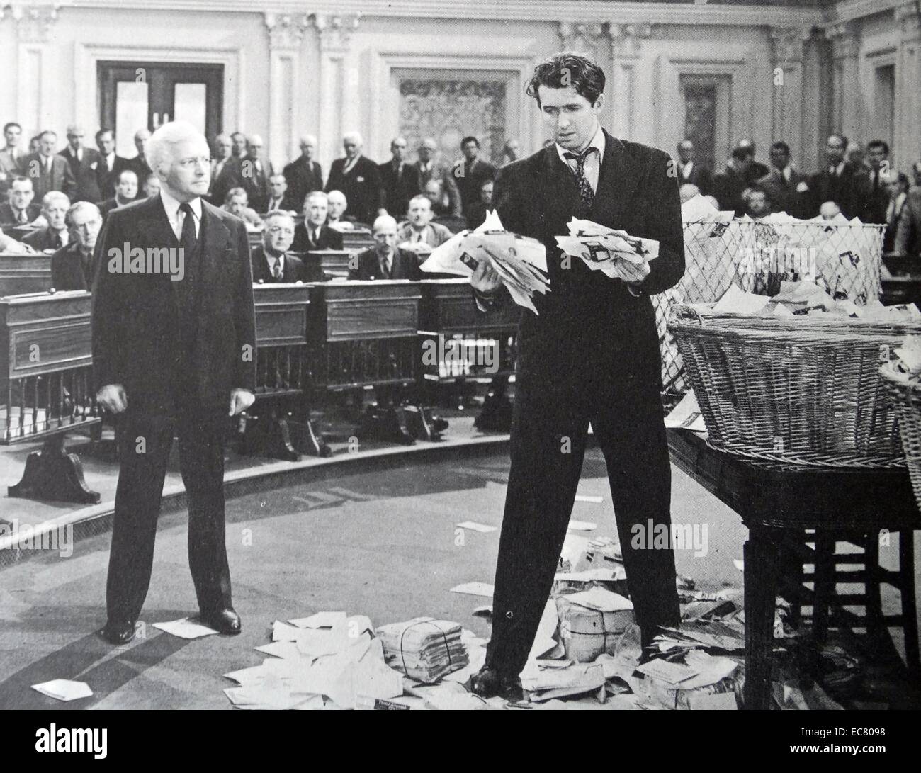 Mr Smith Goes to Washington, 1939.  James Stewart learns from telegrams that the public, far from supporting him in his dispute with the corrupt Silver Knight Senator Claude Rains, sides with Rains. Stock Photo