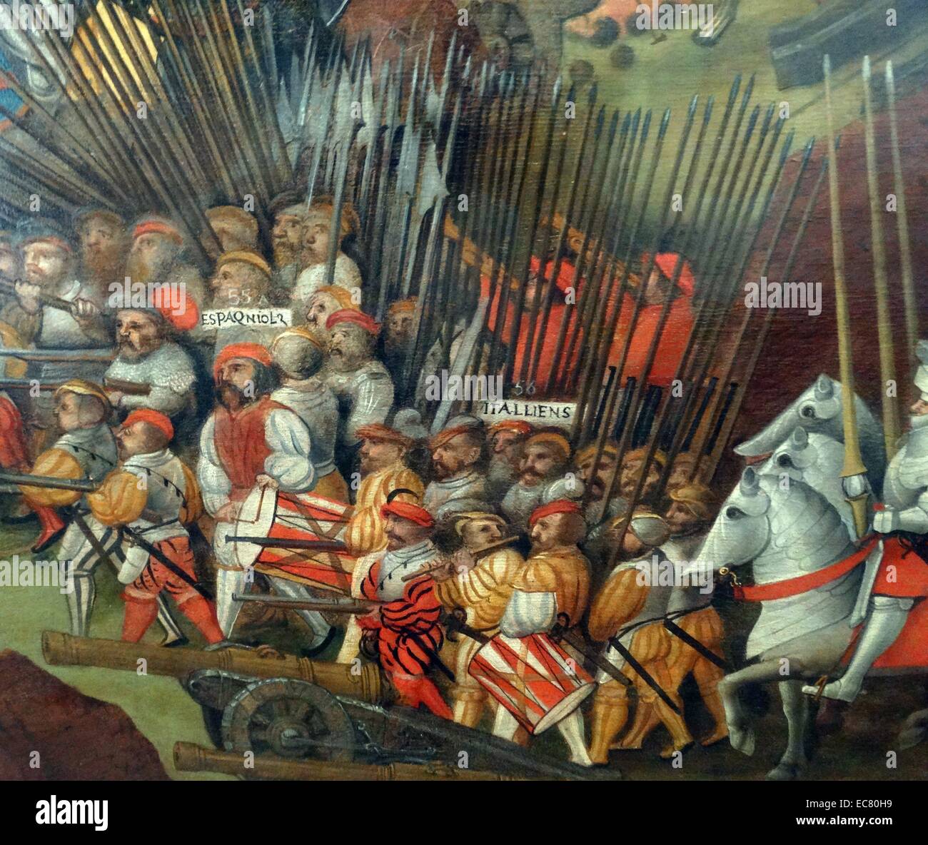 (detail from) The battle of Pavia painted 1525-1530 oil on wood by an unknown artist. The Battle of Pavia, 24 February 1525, was the decisive engagement of the Italian War of 1521–26. A Spanish-Imperial army attacked the French army under the personal command of Francis I of France. the French army was split and defeated Stock Photo