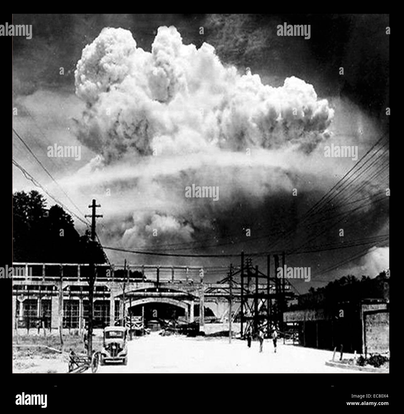 The bombing of Nagasaki. The city is only one of two atomic bomb targets in history so far. Codenamed 'Fat Man', the bomb killed 40,000 instantly and achieved a final death toll of nearly 74,000 and almost 75,000 injuries. Although more powerful than the 'Little Boy' bomb that was dropped on Hiroshima, Nagasaki's rough terrain meant the damage was reduced. Stock Photo