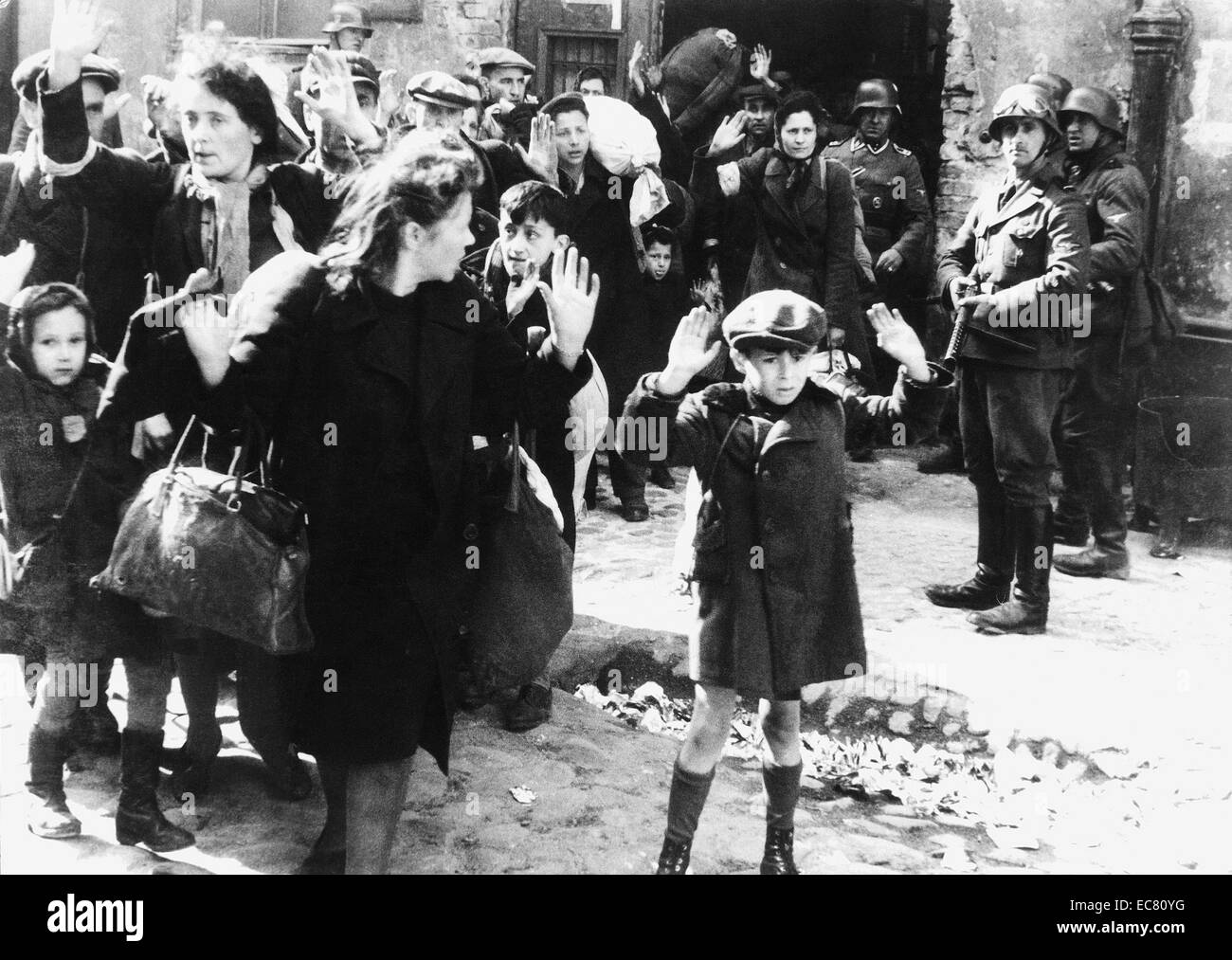 Forcibly pulled out of dug-outs' The Warsaw Ghetto Uprising was the 1943 act of Jewish resistance that arose within the Warsaw Ghetto in German-occupied Poland during World War II, and which opposed Nazi Germany's final effort to transport the remaining Ghetto population to Treblinka extermination camp. Stock Photo