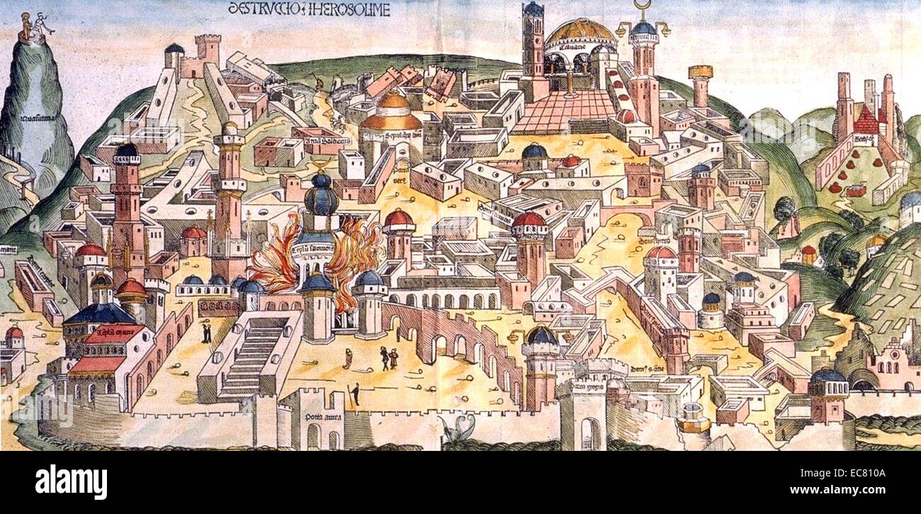 Woodcut of the destruction of Jerusalem by the Chaldeans from the Nuremberg Chronicle. The Nuremberg Chronicle is an illustrated biblical paraphrase and world history that follows the human history related in the Bible. It was written by Hartman Schedel. Stock Photo