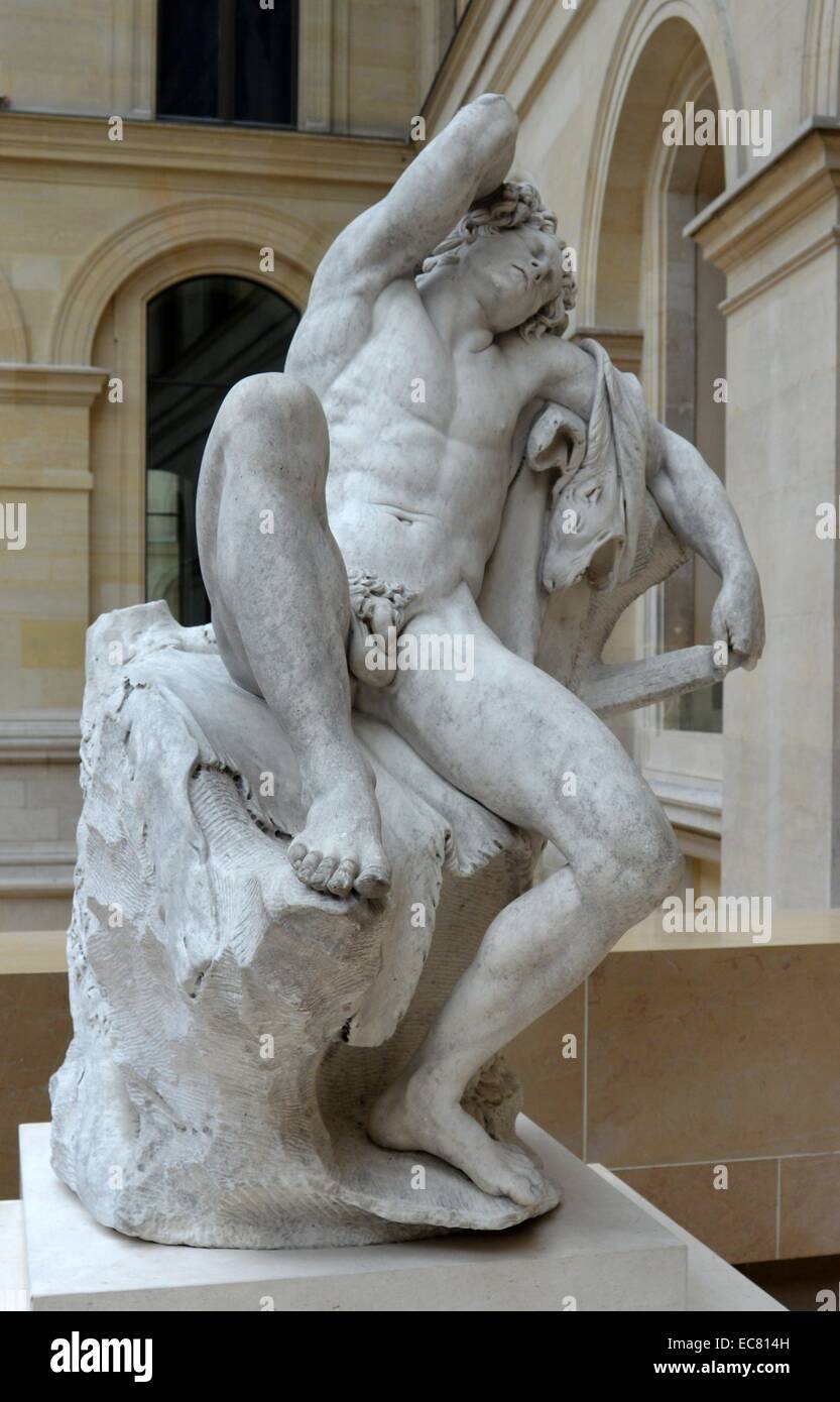 Marble statue of a 'Sleeping Faun' by Edme Bouchardon (1698-1762), a French sculptor who was esteemed as the greatest sculptor of his time. Dated 17th century. Stock Photo