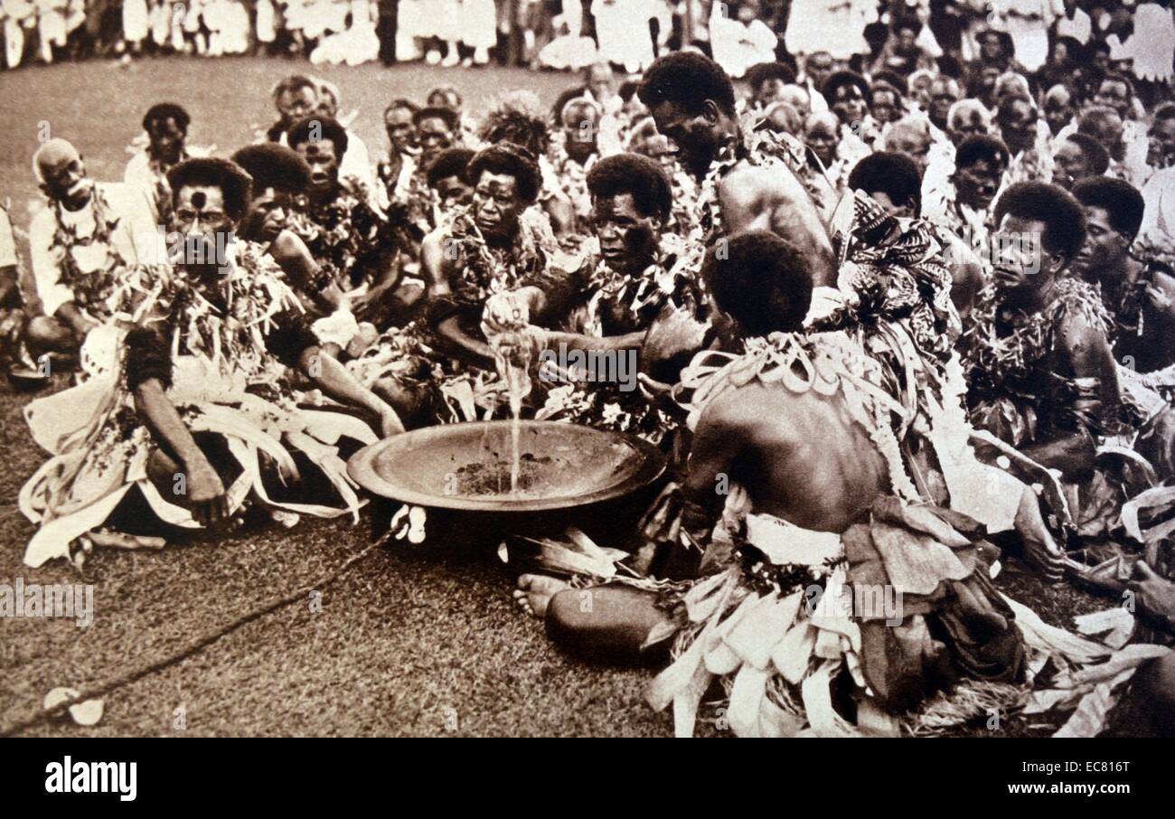 Traditional Fijian warriors at a ceremony in Fiji. The ceremony marks