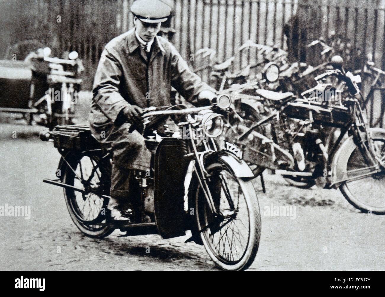 Prince Albert, later King George VI is shown riding his motorcycle, he used it to commute to College daily. Stock Photo