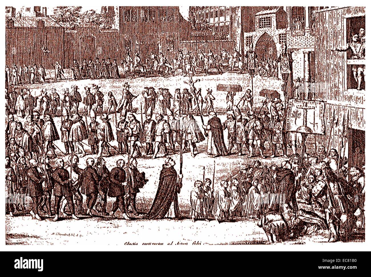 An Auto da Fe illustrated in Historia Inqisitionis published 1692. ritual of public penance of condemned heretics and apostates that took place under the directives of the Spanish Inquisition Stock Photo