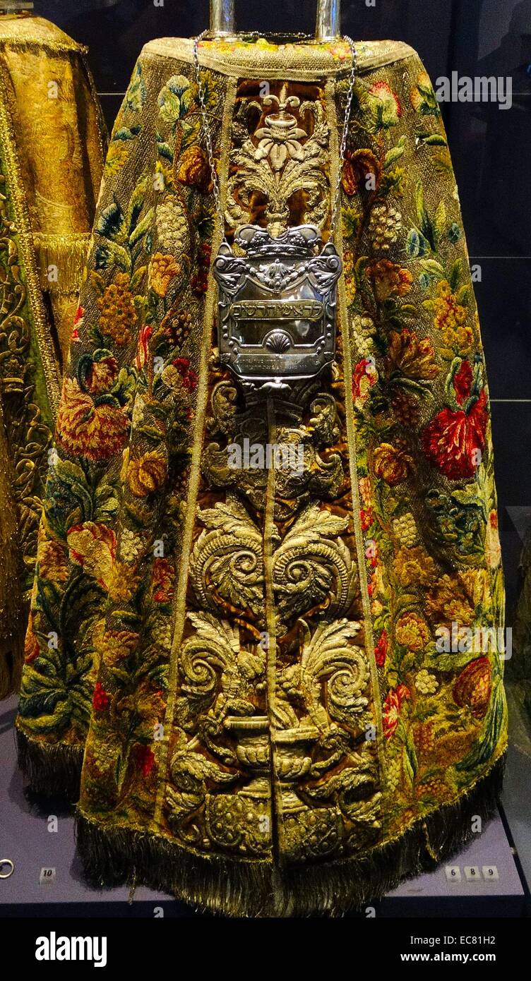 Sephardi Torah mantles from the Portuguese synagogue, Amsterdam. Velvet silk with silver and gold thread. Dated 1737. Stock Photo