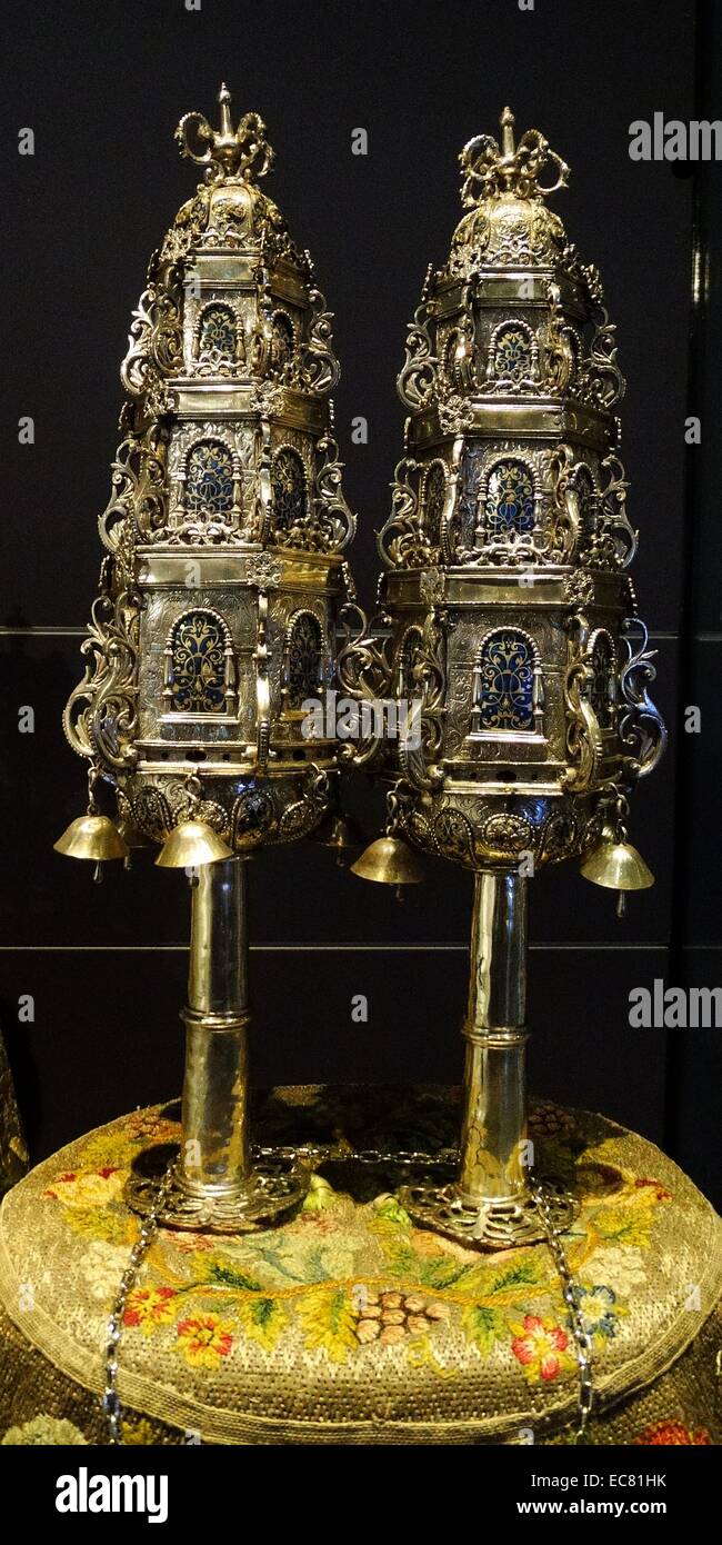 Silver finials (decorative bells attached to the end of Torah Scrolls) c 1575-1625 Dutch Stock Photo