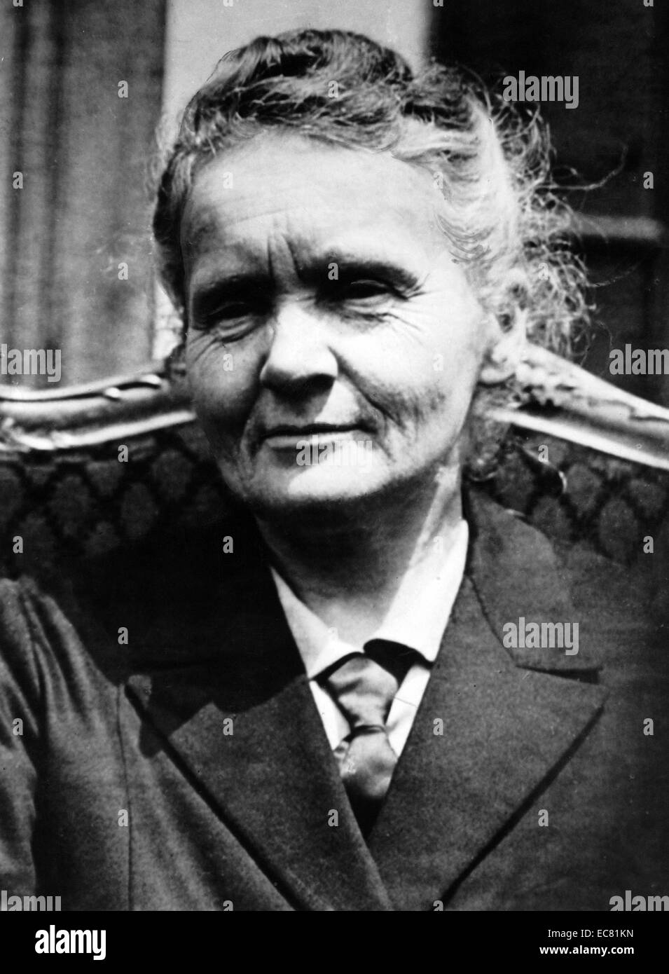 Photograph of Marie Sklodowska-Curie (1867-1934)  a Polish and naturalized-French physicist, Nobel Prize winner and chemist who conducted pioneering research on radioactivity. Dated 1930 Stock Photo