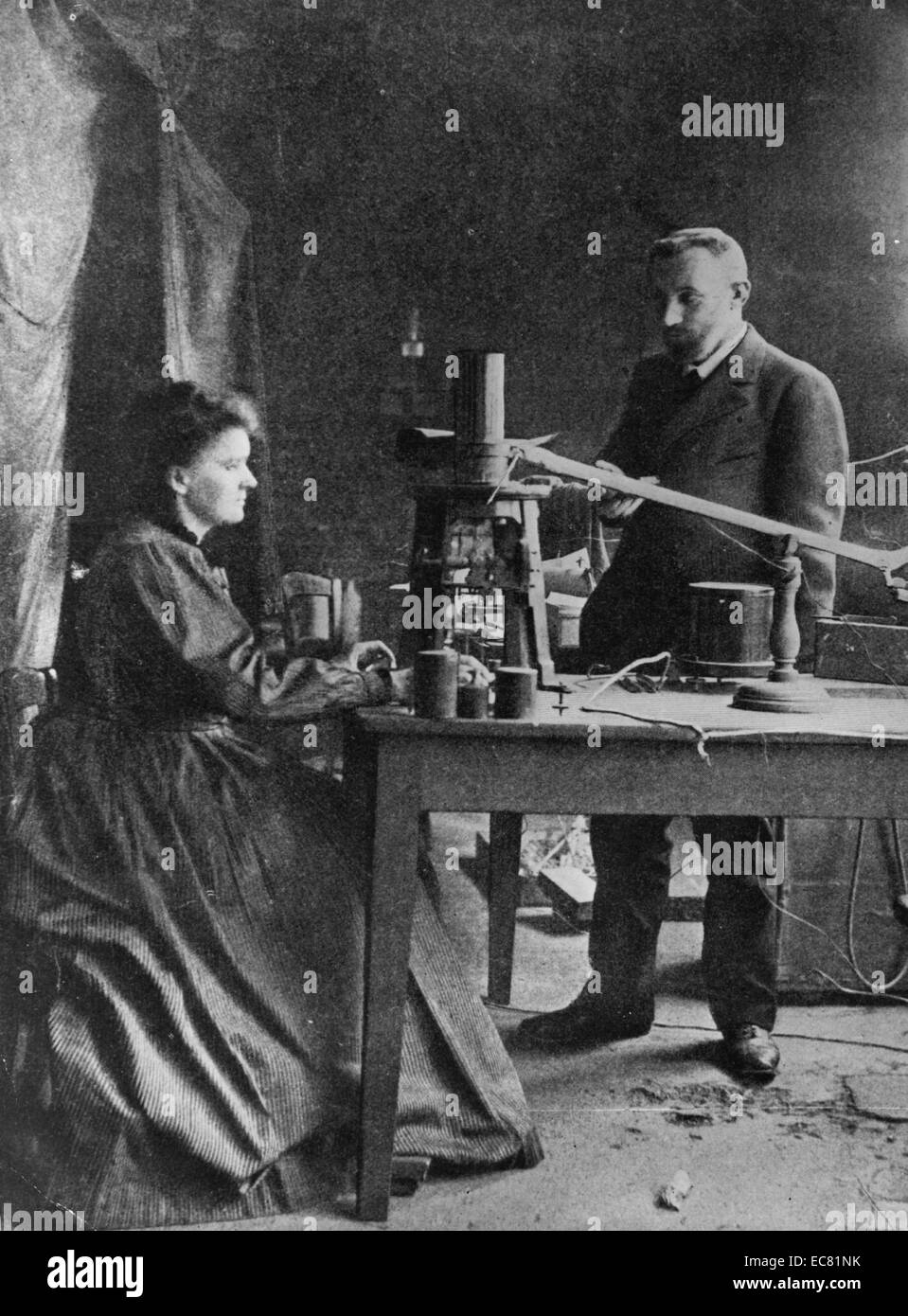 Photograph of Marie Sklodowska-Curie (1867-1934)  a Polish and naturalized-French physicist, Nobel Prize winner and chemist who conducted pioneering research on radioactivity, with her husband Pierre Curie (1859-1906) a French physicist, Nobel Prize winner, and a pioneer in crystallography, magnetism, piezoelectricity and radioactivity. Dated 1906 Stock Photo