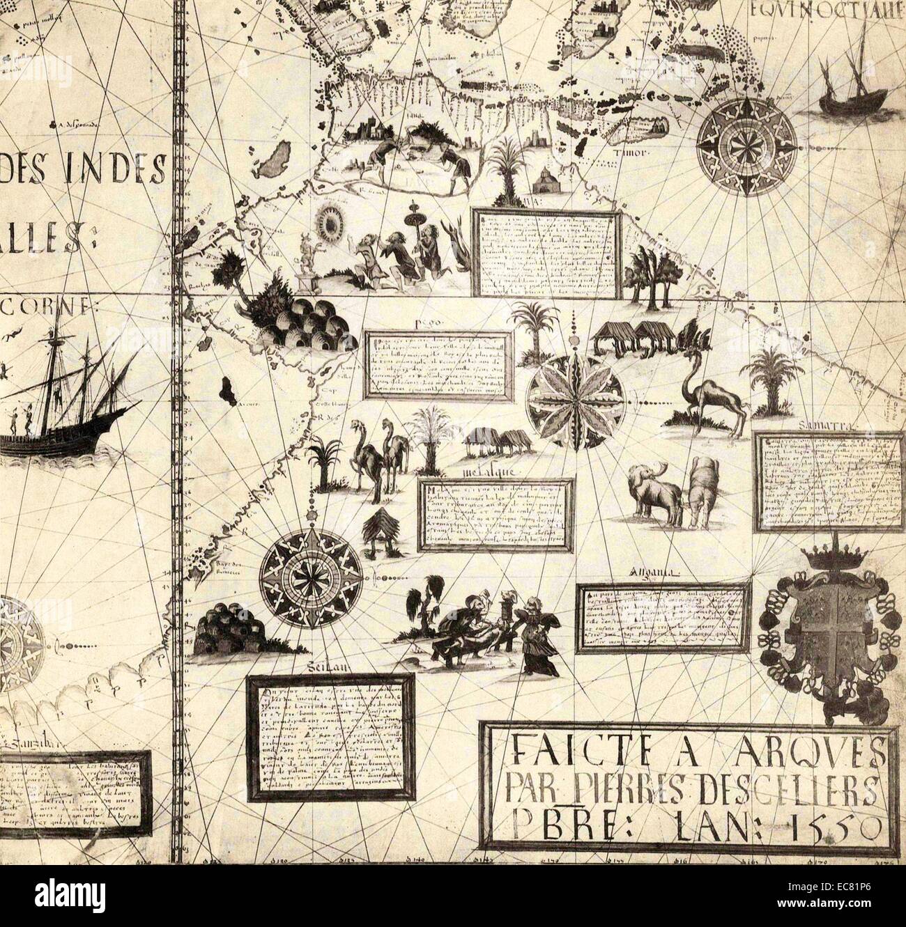 Detail from a 16th century world map by Pierre Desceliers (1500-1558) French cartographer of the Renaissance and an eminent member of the Dieppe School of Cartography. Dated 1550 Stock Photo