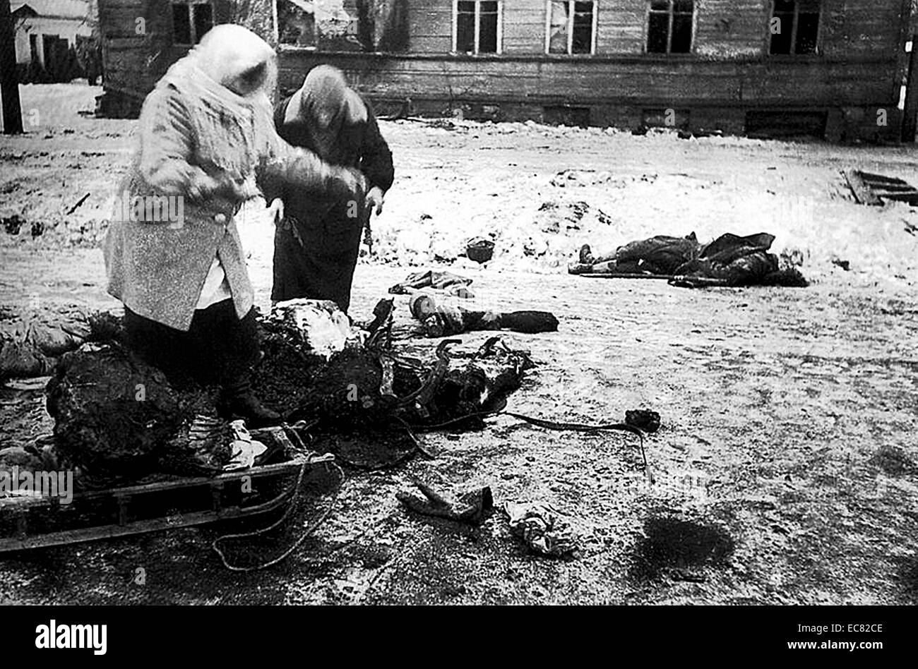 Two female figures collect the remains of a dead horse for food, during the Siege of Leningrad. Germans attacked Leningrad during the Second World War which resulted in mass destruction and poverty 1941. Stock Photo