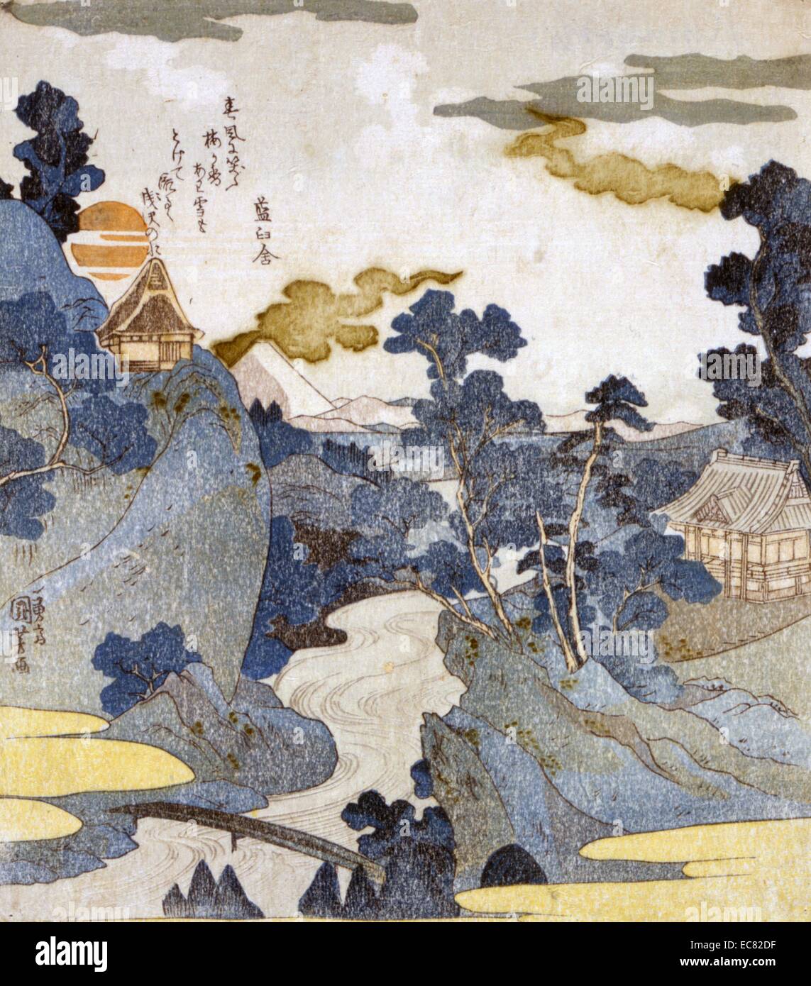 Japanese hand coloured woodcut. Spring shot of the Asazawa stream ...