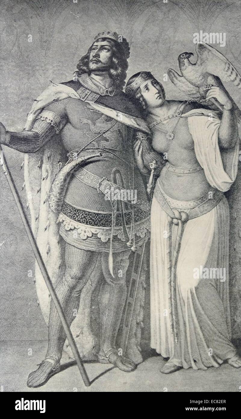 Engraving of Siegfried and Kriemhild. Based on the Song of the Nibelungs, based on the story of the dragon-slayer Siegfried at the court of the Burgundians, how he was murdered, and of his wife Kriemhild's revenge. Dated 1914 Stock Photo