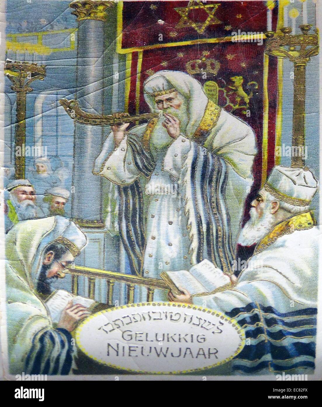 Dutch New Year Card showing a rabbi in a synagogue blowing the ritual