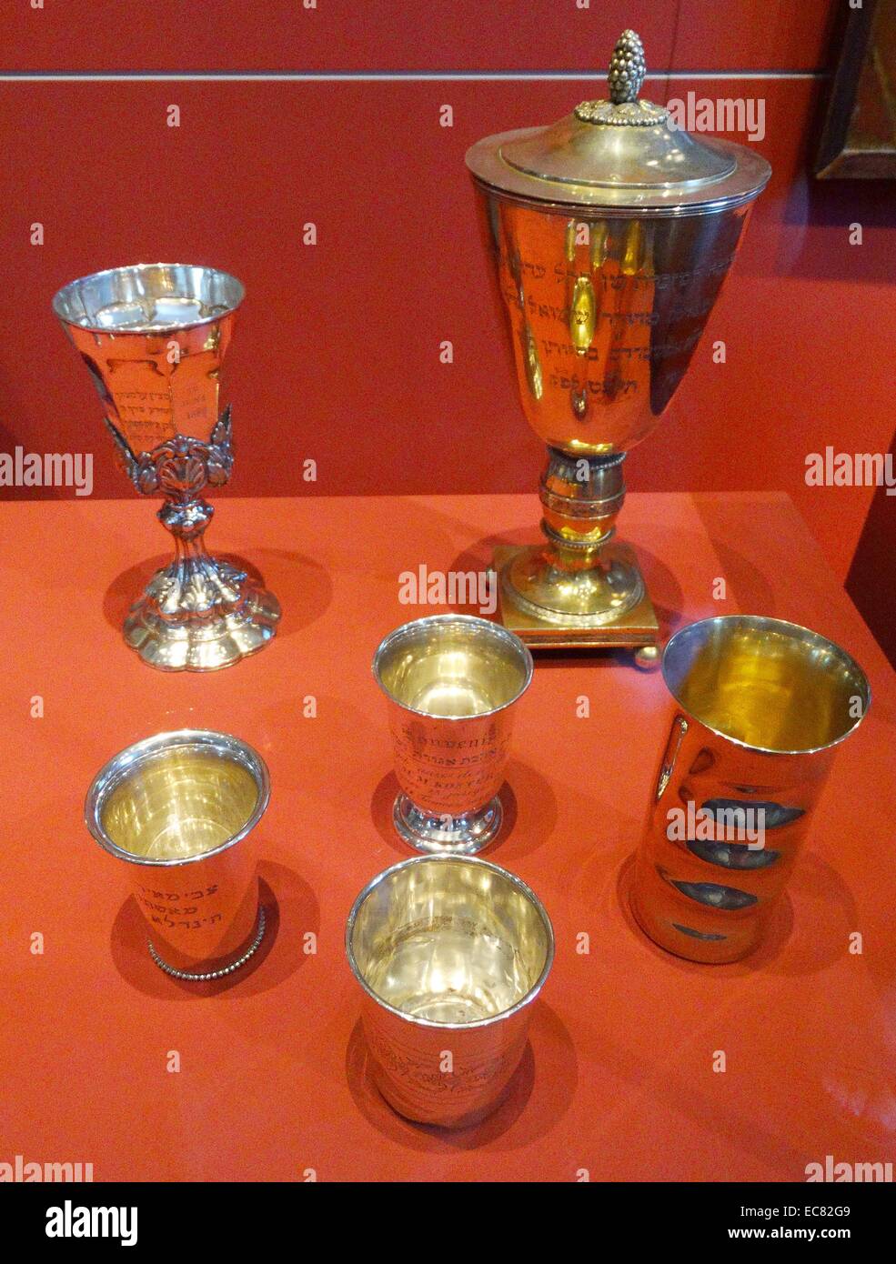 Selection of 19th century, Dutch silver Kiddush cups, used to offer wine to celebrate Sabbath; Shabbat or other festivals Stock Photo