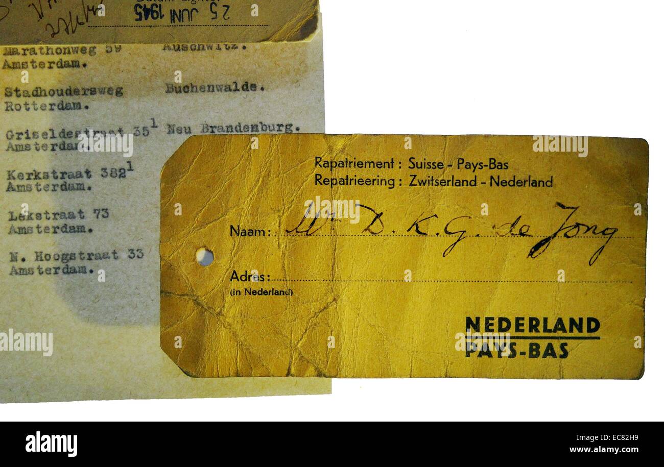Label attached to the belongings of a Dutch Jew repatriated to Holland in the summer of 1945 after the end of World War II. Stock Photo
