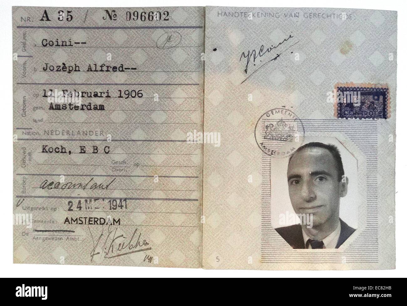 Identity document of a Dutch Jew with the letter J marked next to his surname to indicate his Jewish ethnicity, during the Nazi occupation of Holland in WWII. 1941 Stock Photo