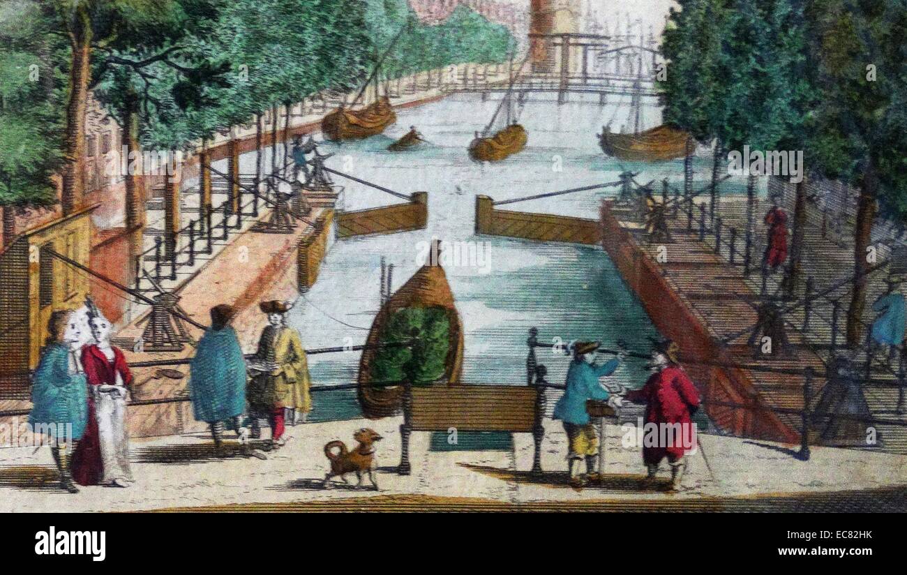 18th century Amsterdam canal scene. People walk over a bridge as