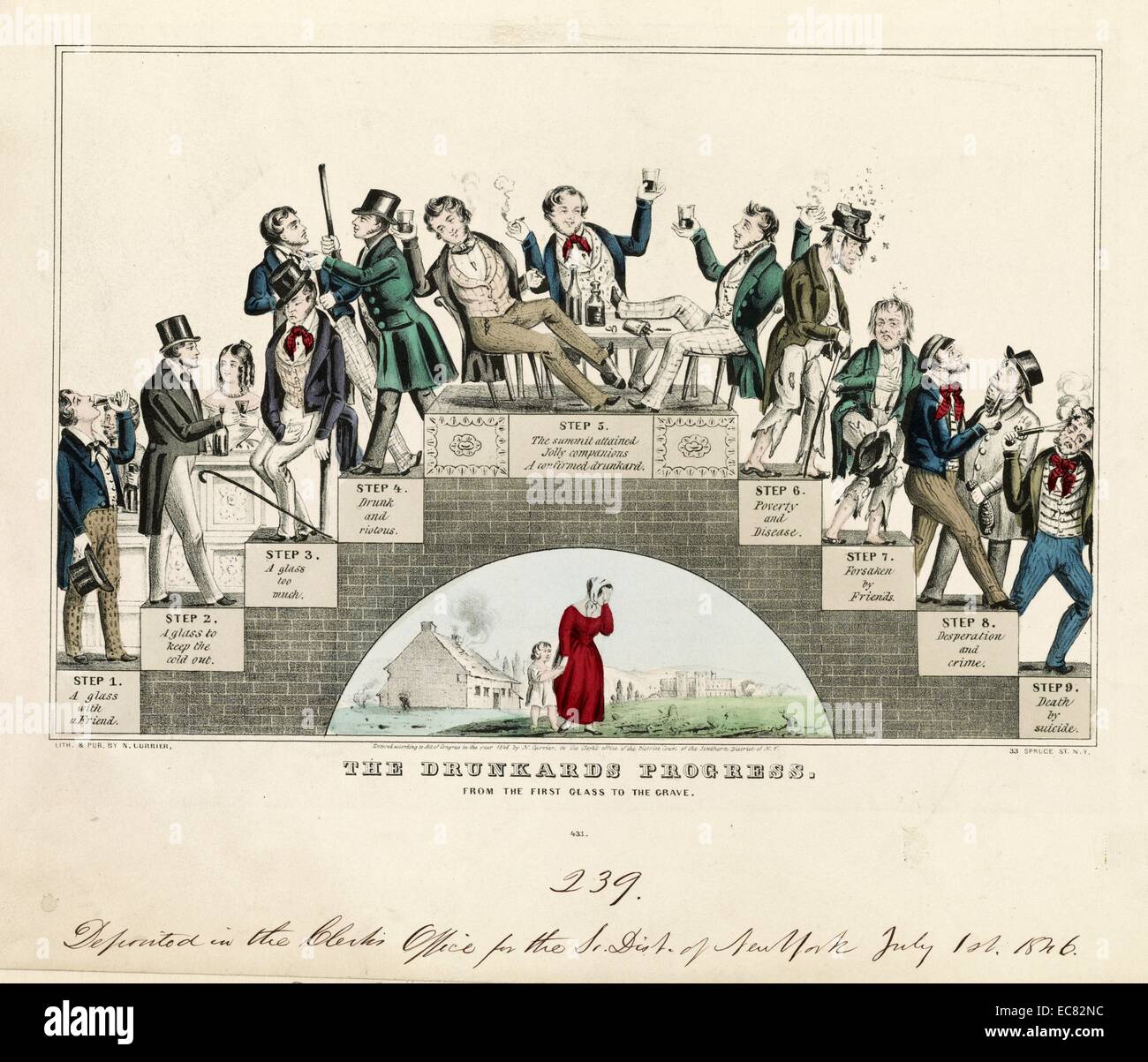 The drunkards progress. From the first glass to the grave. Shows an archway of the nine steps of a drunkard's progress, beginning with a man in fancy dress having 'a glass with a friend' and then his gradual decline in society with poverty & disease, criminal activity, becoming a bum, and his eventual 'death by suicide'; a weeping woman with child is under archway. 1846 Stock Photo