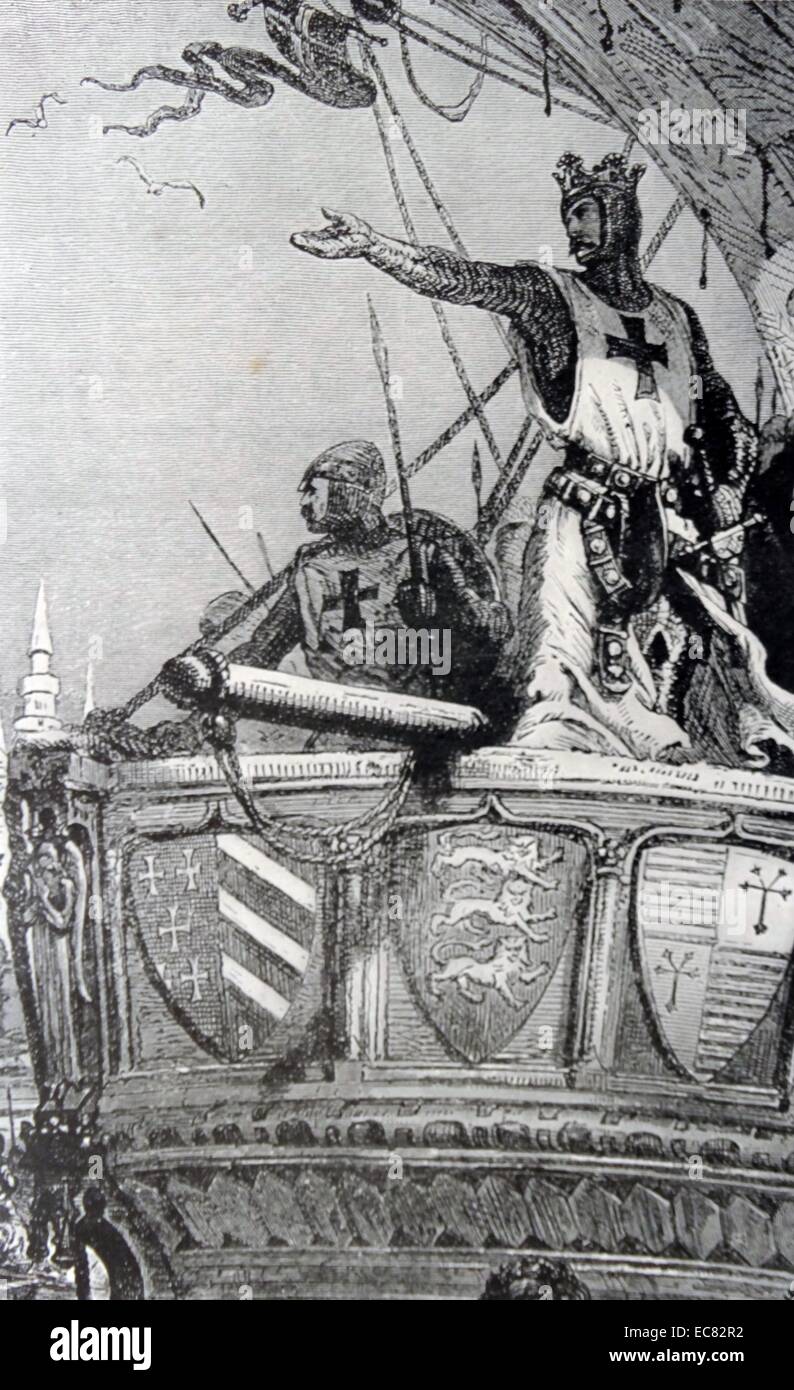Engraving of King Richard I (1157-1199) King of England, Duke of Normandy, Duke of Aquitaine, Duke of Gascony, Lord of Cyprus, Count of Poitiers, Count of Anjou, Count of Maine, Count of Nantes, and Overlord of Brittany. He is depicted leaving the Holy Land by Ship. Dated 12th Century Stock Photo