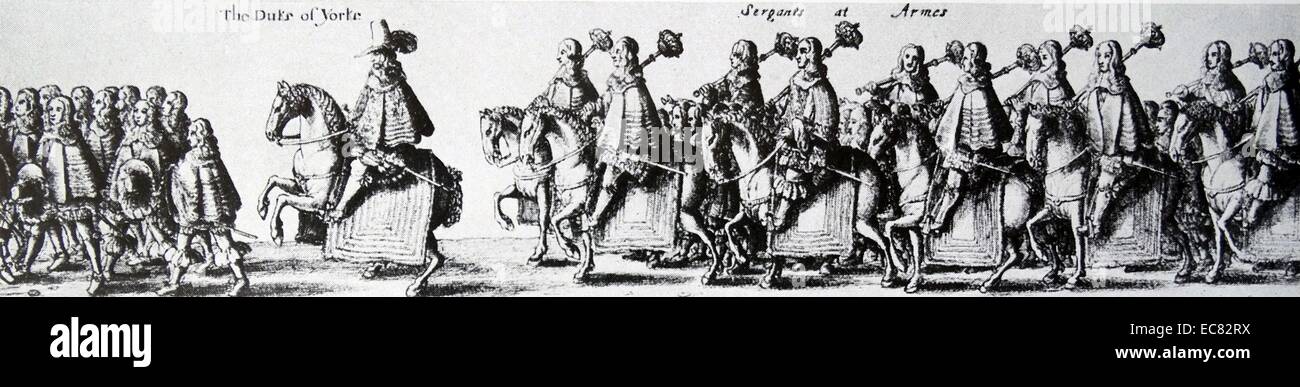 Engraving of the Coronation Procession of King Charles II (1630-1685) monarch of the three kingdoms of England, Scotland, and Ireland. Dated 1660 Stock Photo