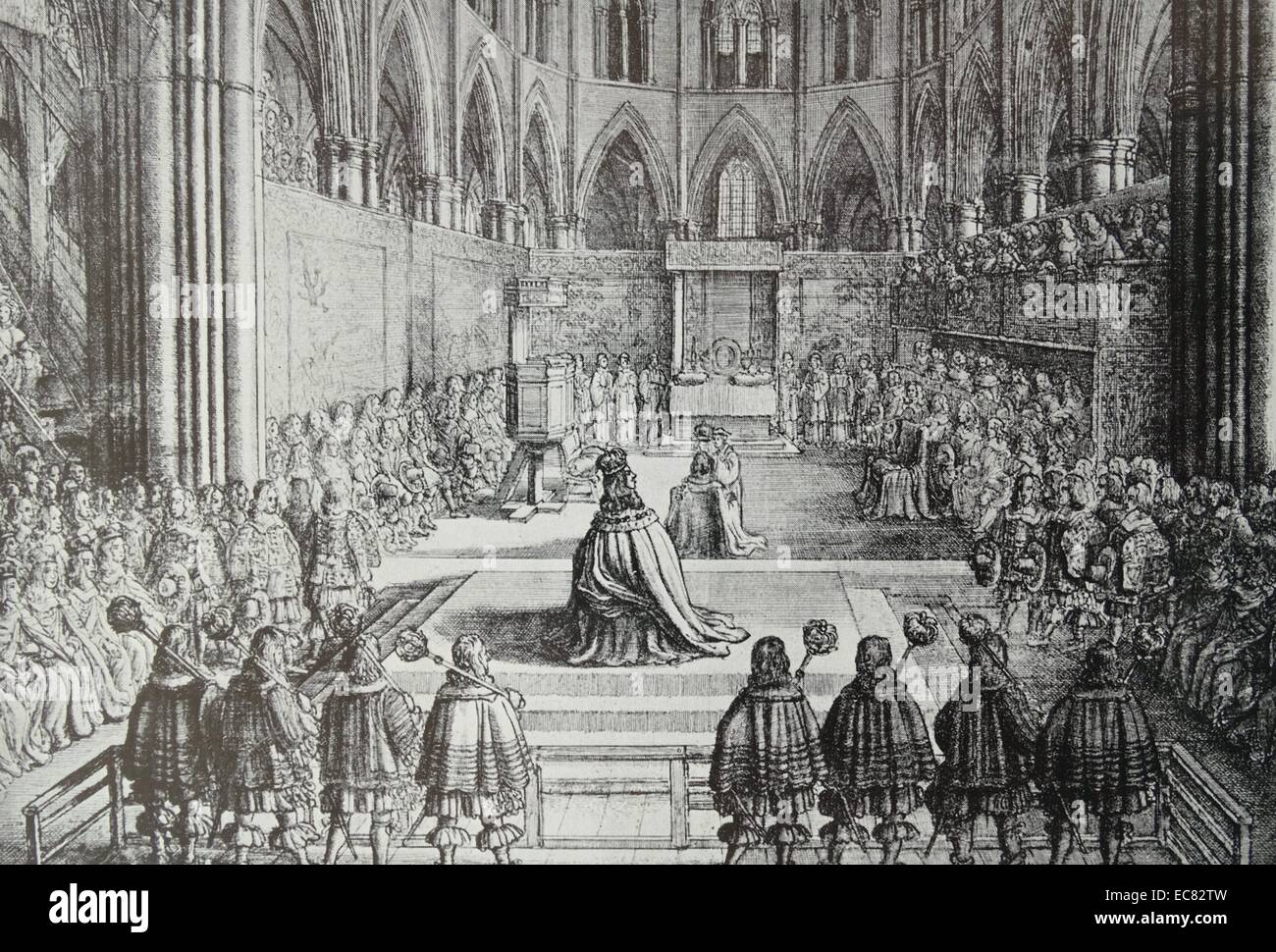 Engraving of the Coronation of King Charles II (1630-1685) monarch of the three kingdoms of England, Scotland, and Ireland. Executed at Whitehall on 30 January 1649, at the climax of the English Civil War. Dated 1660 Stock Photo