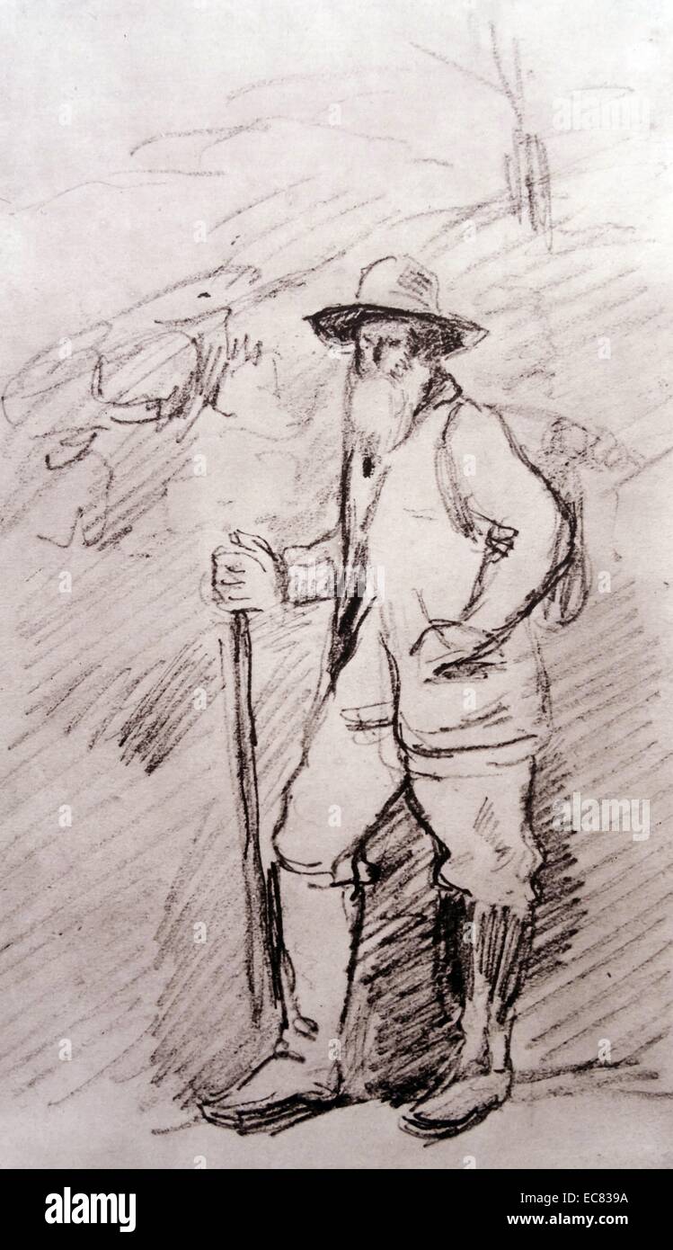 Sketch of Camille Pissarro (1830-1903) Danish-French Impressionist and Neo-Impressionist painter. Dated 1877 Stock Photo