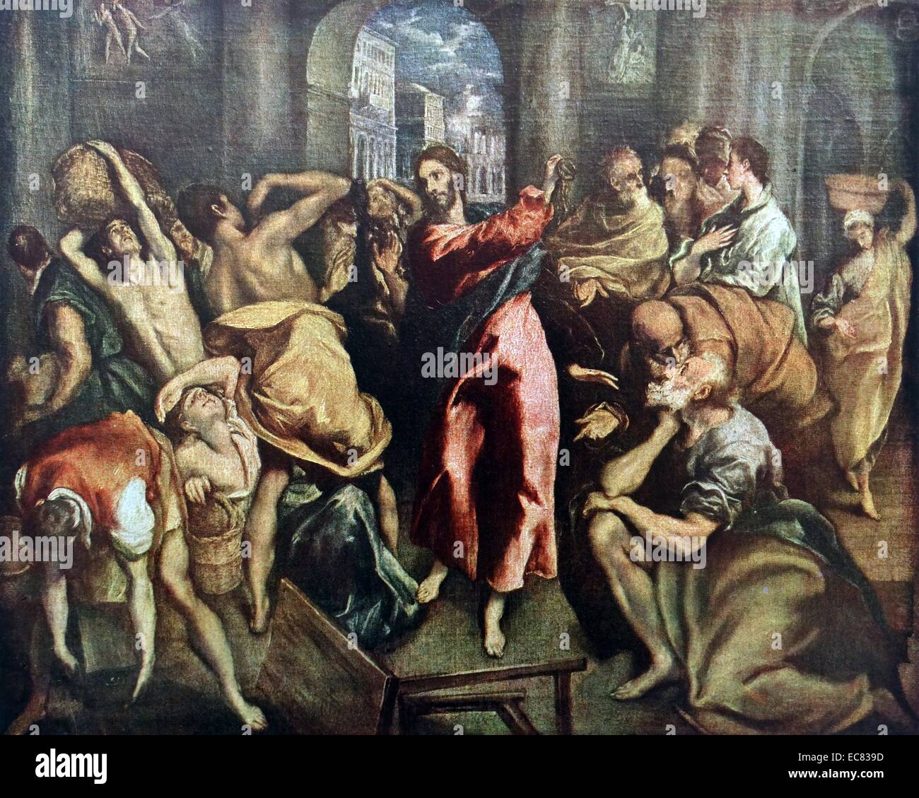 Painting titled 'The Cleansing of the Temple'. The painting depicts Christ driving the Money Changers from the Temple. Painted by El Greco (1541-1614) born Doménikos Theotokópoulos, was a painter, sculptor and architect of the Spanish Renaissance. Dated 16th Century Stock Photo