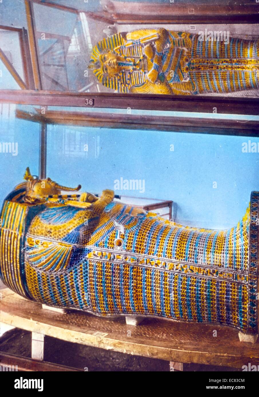Colour photograph of the gold coffin of Tutankhamen; Egyptian pharaoh of the 18th Dynasty. Dated 1930 Stock Photo