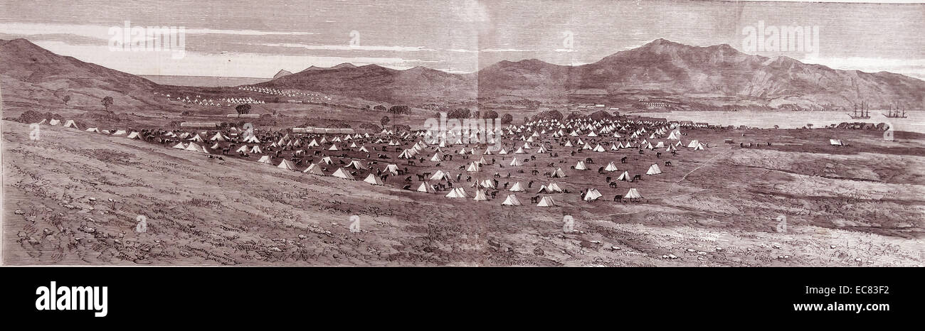 The War In China. Encampment of British forces at Talien-Wan. From photograph by M. Beato taken shortly before the departure of the troops for Pehtang. Stock Photo