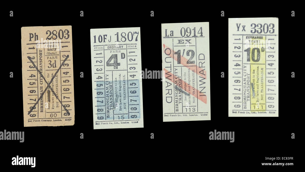 Selection of tram tickets from the Birmingham tram network. Birmingham Corporation Tramways operated a network of tramways in Birmingham from 1904 until 1953. It was the largest narrow-gauge tramway network in the UK and the largest tramway network in the UK after London; Glasgow and Manchester. Stock Photo