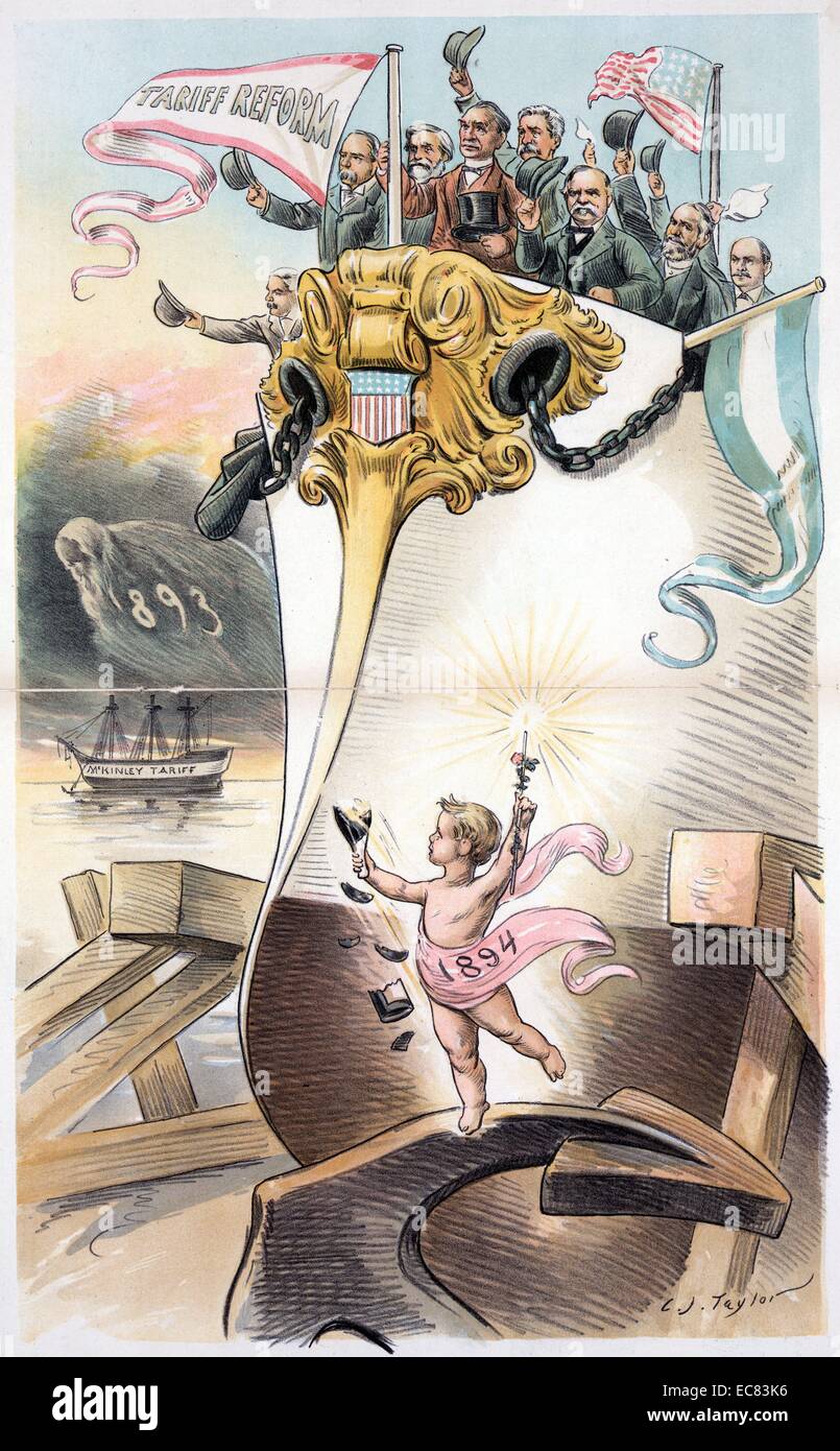 Launched at last! - good luck to her! by Charles Jay Taylor 1855-1929; Published 1893. Print shows a cherub labelled '1894' smashing a bottle of champagne as he launches a large, modern ship, the Ship of State, under the banner 'Tariff Reform' with Grover Cleveland and members of his cabinet standing on the bow waving their hats; in the background, the Spector of '1893' hovers over a sailing ship labelled 'McKinley Tariff'. Among those with Cleveland are Walter Q. Gresham, John G. Carlisle, Richard Olney, and either Daniel S. Lamont or Vice President Adlai E. Stevenson. Stock Photo