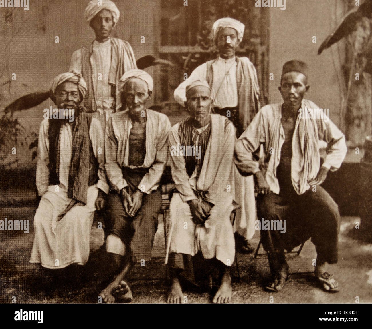 Moslem pilgrims from Aceh 1900. Aceh is a region of Indonesia. The province is located at the northern end of Sumatra. Its capital is Banda Aceh. Stock Photo