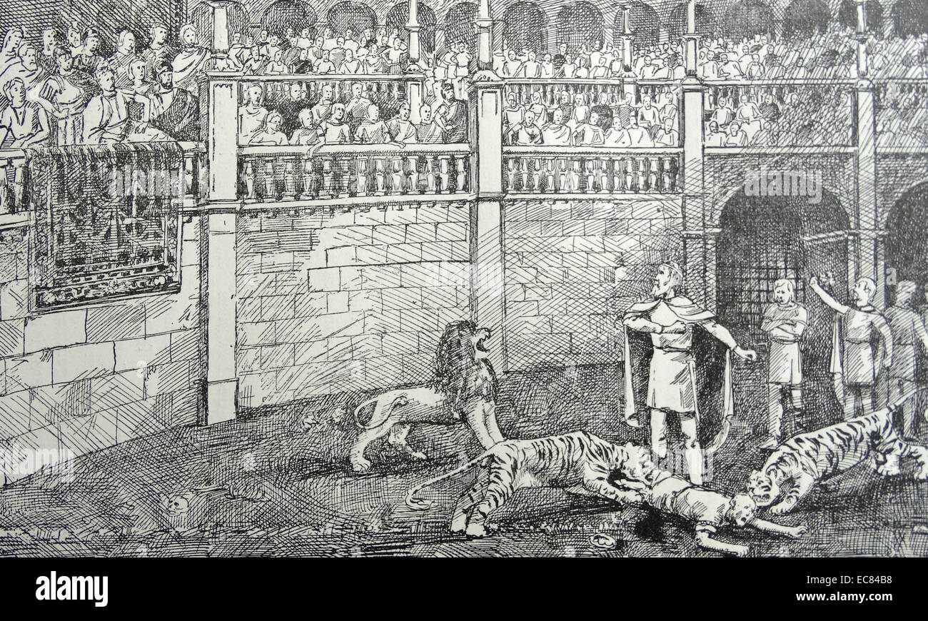 Damnatio ad bestias (Latin for 'condemnation to beasts') was a form of capital punishment in which the condemned were maimed on the circus arena or thrown to a cage with wild animals; often lions. It was brought to ancient Rome around the 2nd century BC.. From the 1st to 3rd centuries AD; this penalty was mainly applied to the worst criminals; slaves; and early Christians Stock Photo