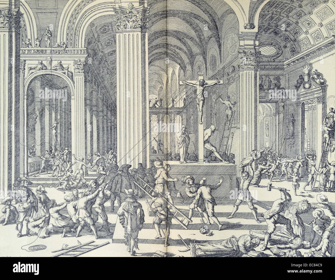 Iconoclasts tear down statues in a church during the Beeldenstorm; in