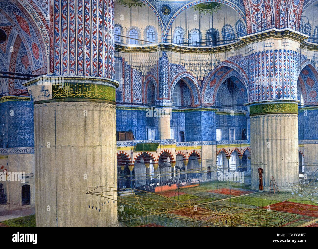 Painting of the interior of the Mosque of Sultan Ahmed I. A historic mosque in Instanbal, Turkey. Dated 17th Century Stock Photo