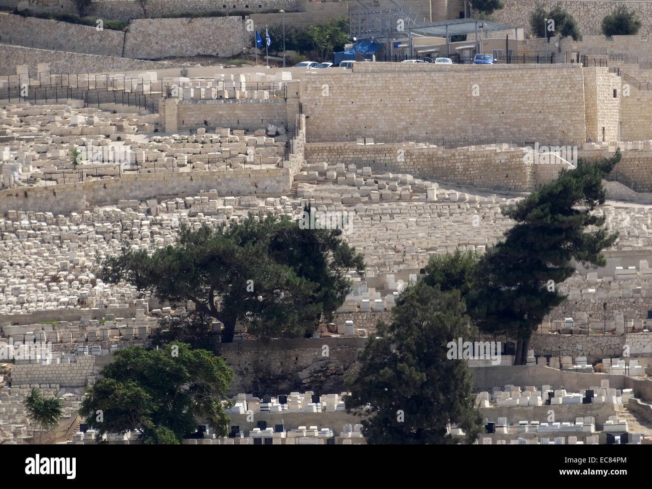 The Mount of Olives adjacent to Jerusalem's old city; is named for the olive groves that once covered its slopes. The Southern part of the Mount was the necropolis of the ancient Judean Kingdom. The Mount has been used as a Jewish cemetery for over 3,000 years and holds approx. 150,000 graves. Stock Photo