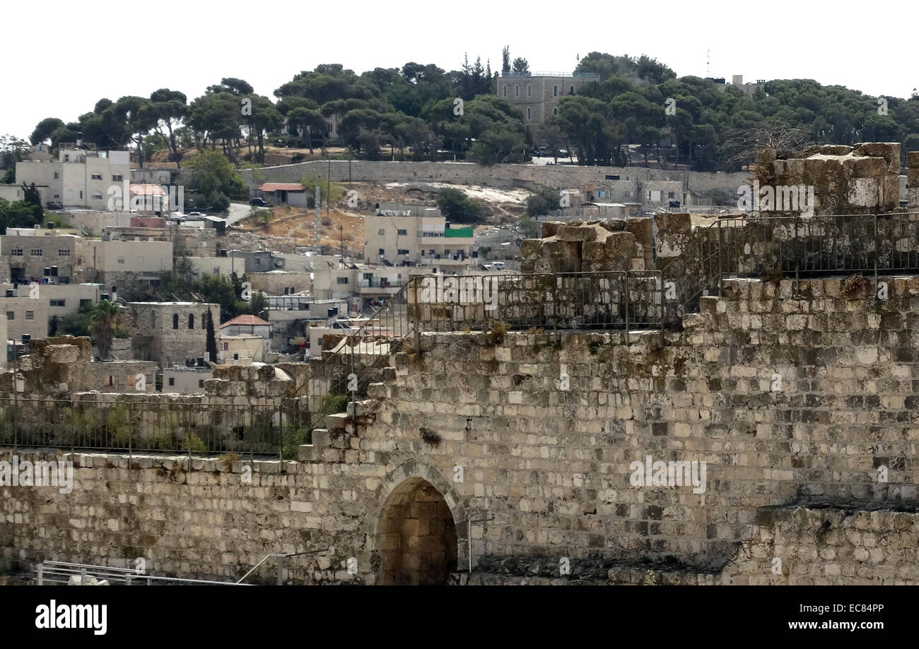 The Mount of Olives adjacent to Jerusalem's old city; is named for the olive groves that once covered its slopes. The Southern part of the Mount was the necropolis of the ancient Judean Kingdom. The Mount has been used as a Jewish cemetery for over 3,000 years and holds approx. 150,000 graves. Stock Photo