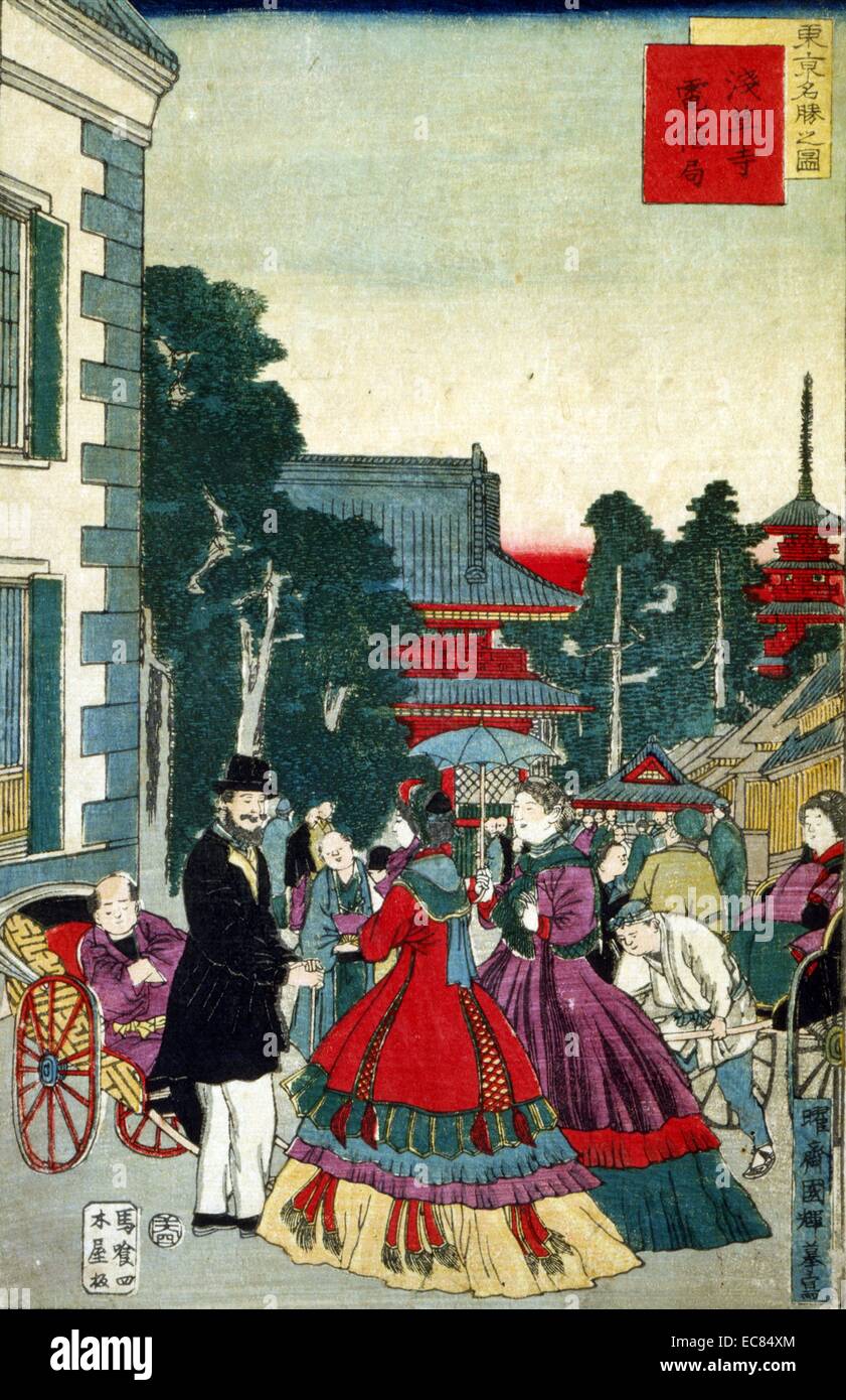 Japanese hand coloured woodcut. Image shows a scenic shot of the Asakusa section of Tokyo. People greet each other in the street, as they pass the telegraph bureau and Temple of Sensoji. Dated c1870 Stock Photo