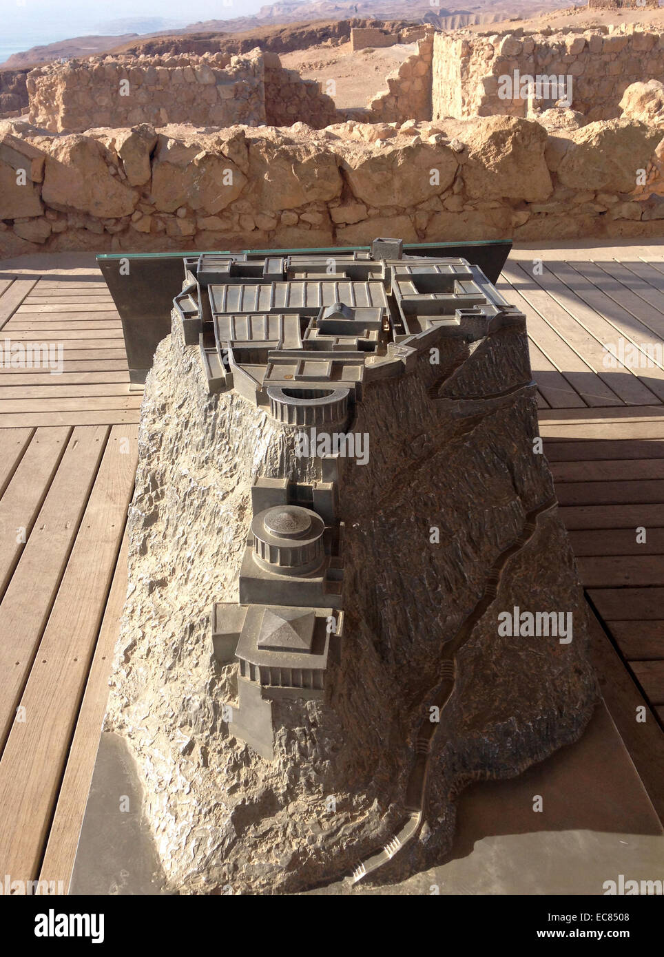 View of a model of Masada. Masada is an ancient fortification in the Southern District of Israel situated on top of an isolated rock plateau on the edge of the Judean Desert; overlooking the Dead Sea. Herod had built Palaces for himself on the mountain and fortified Masada between 37 and 31 BCE. Stock Photo