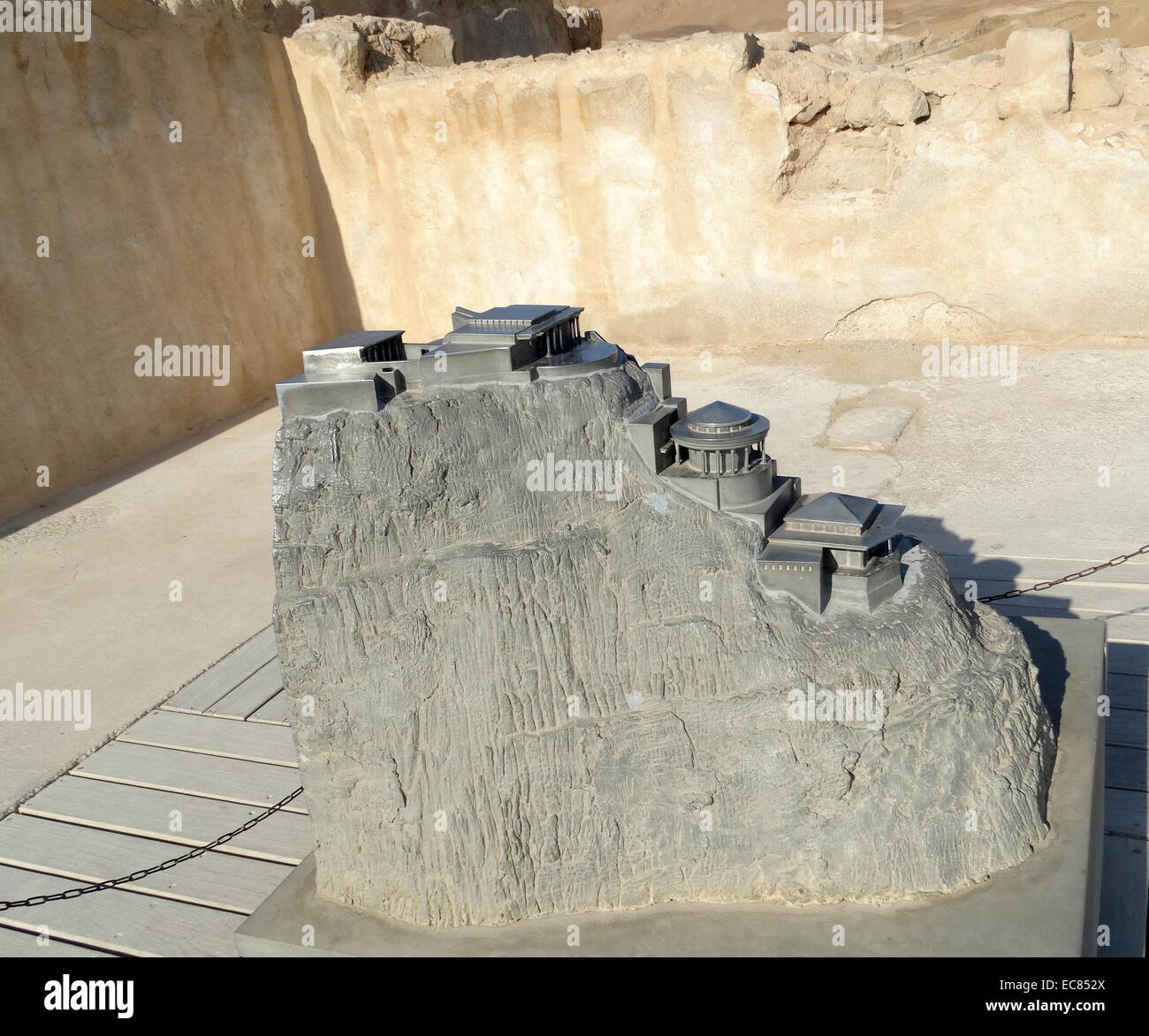 Model; Northern Palace of Masada; an ancient fortification in the Southern District of Israel situated on top of an isolated rock plateau on the edge of the Judean Desert; overlooking the Dead Sea. Herod the Great built palaces for himself on the mountain and fortified Masada between 37 and 31 BCE. Stock Photo
