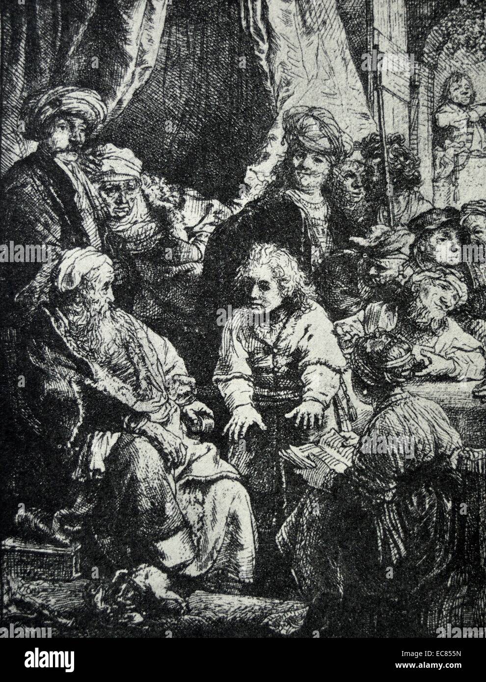 Etching titled 'Joseph Telling his Dreams' created by Rembrandt. Dated