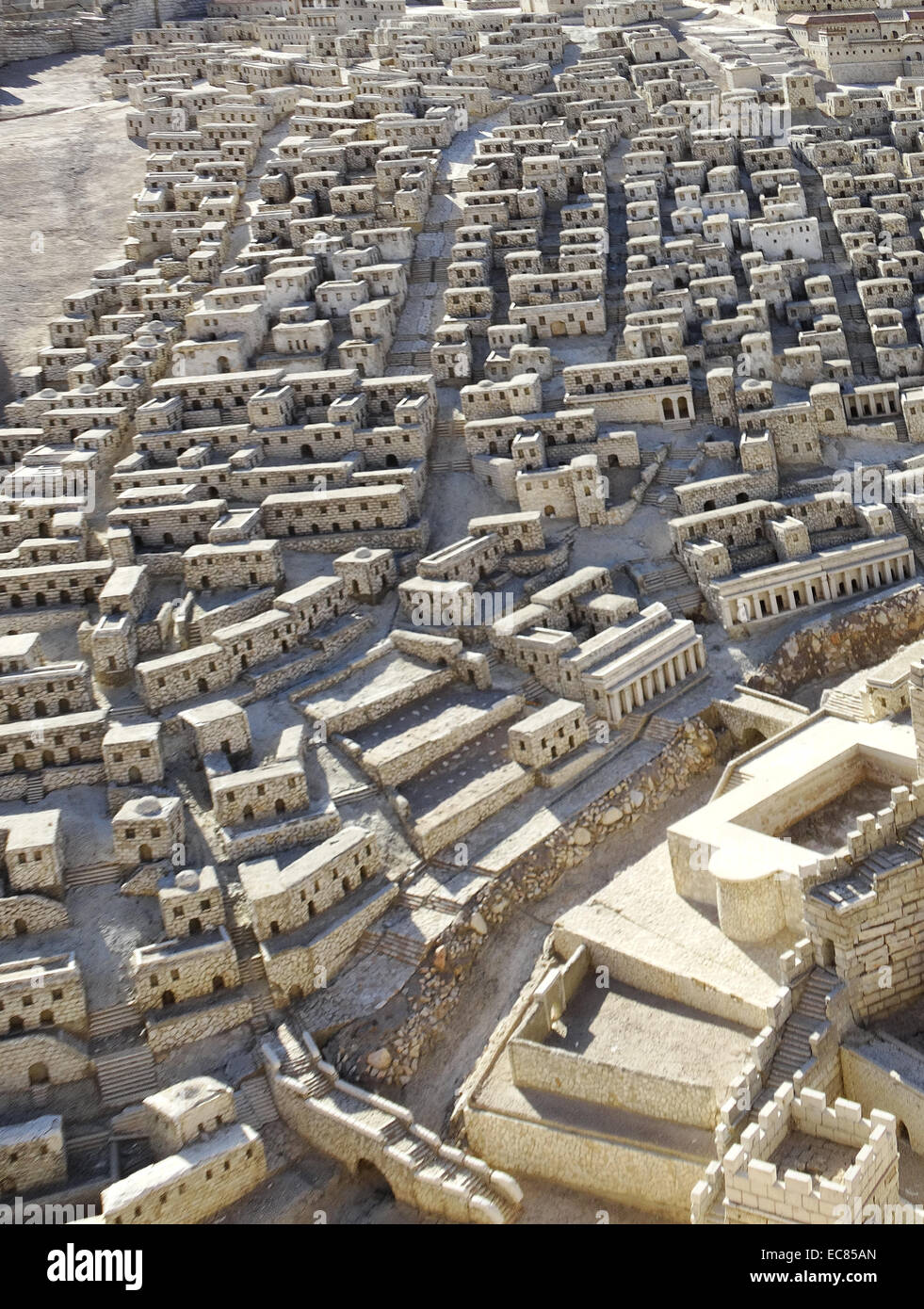 Detailed street view of the Model of Jerusalem at the Israel Museum. The Model is a 1:50 scale-model of the City of Jerusalem in the late Second Temple Period. The model was designed by Israeli historian and geographer Michael Avi Yonah based on the writings of Flavius Josephus and other historical sources. The model includes a replica of the Herodian Temple. Stock Photo
