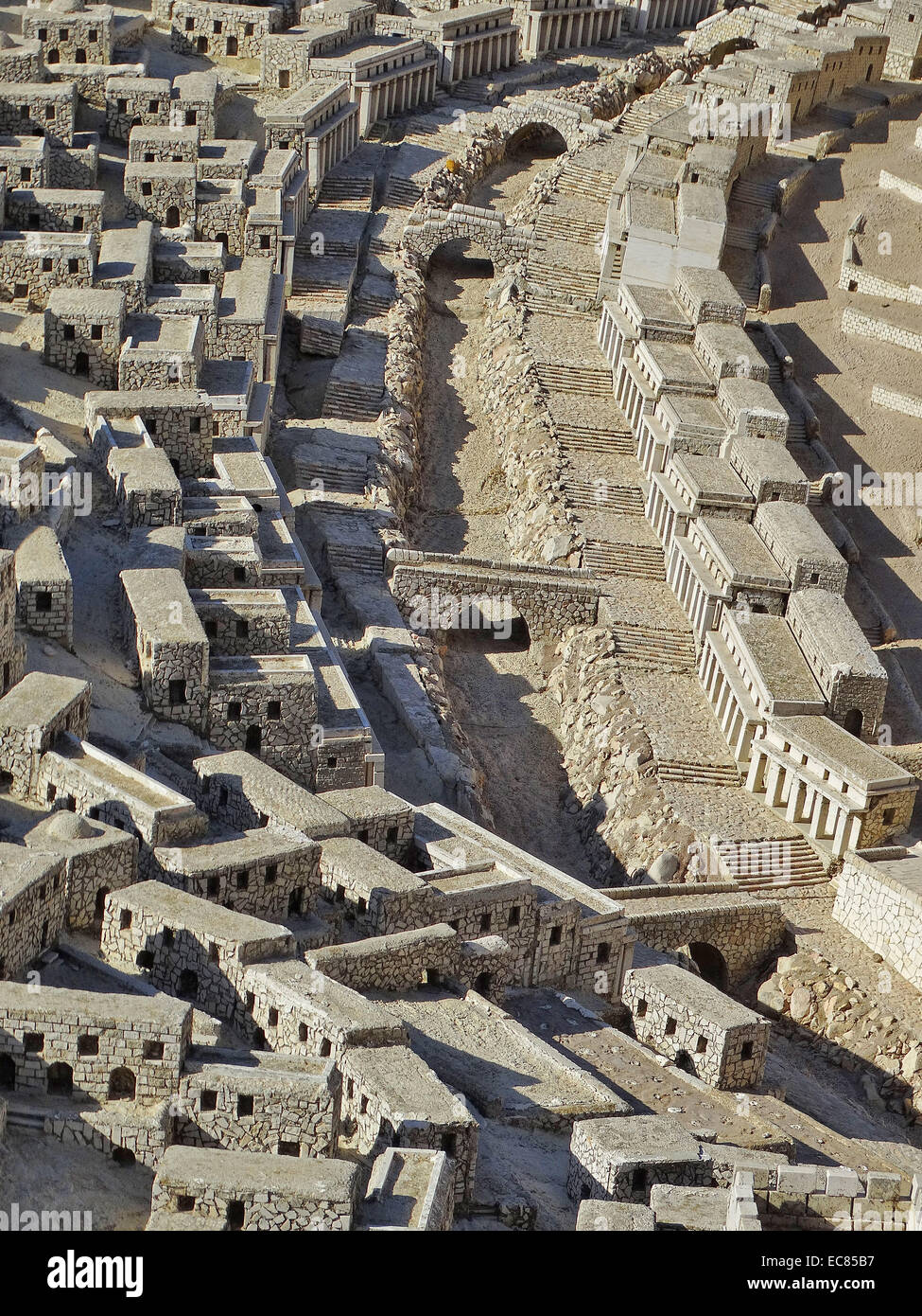 Detailed street view of the Model of Jerusalem at the Israel Museum. The Model is a 1:50 scale-model of the City of Jerusalem in the late Second Temple Period. The model was designed by Israeli historian and geographer Michael Avi Yonah based on the writings of Flavius Josephus and other historical sources. The model includes a replica of the Herodian Temple. Stock Photo