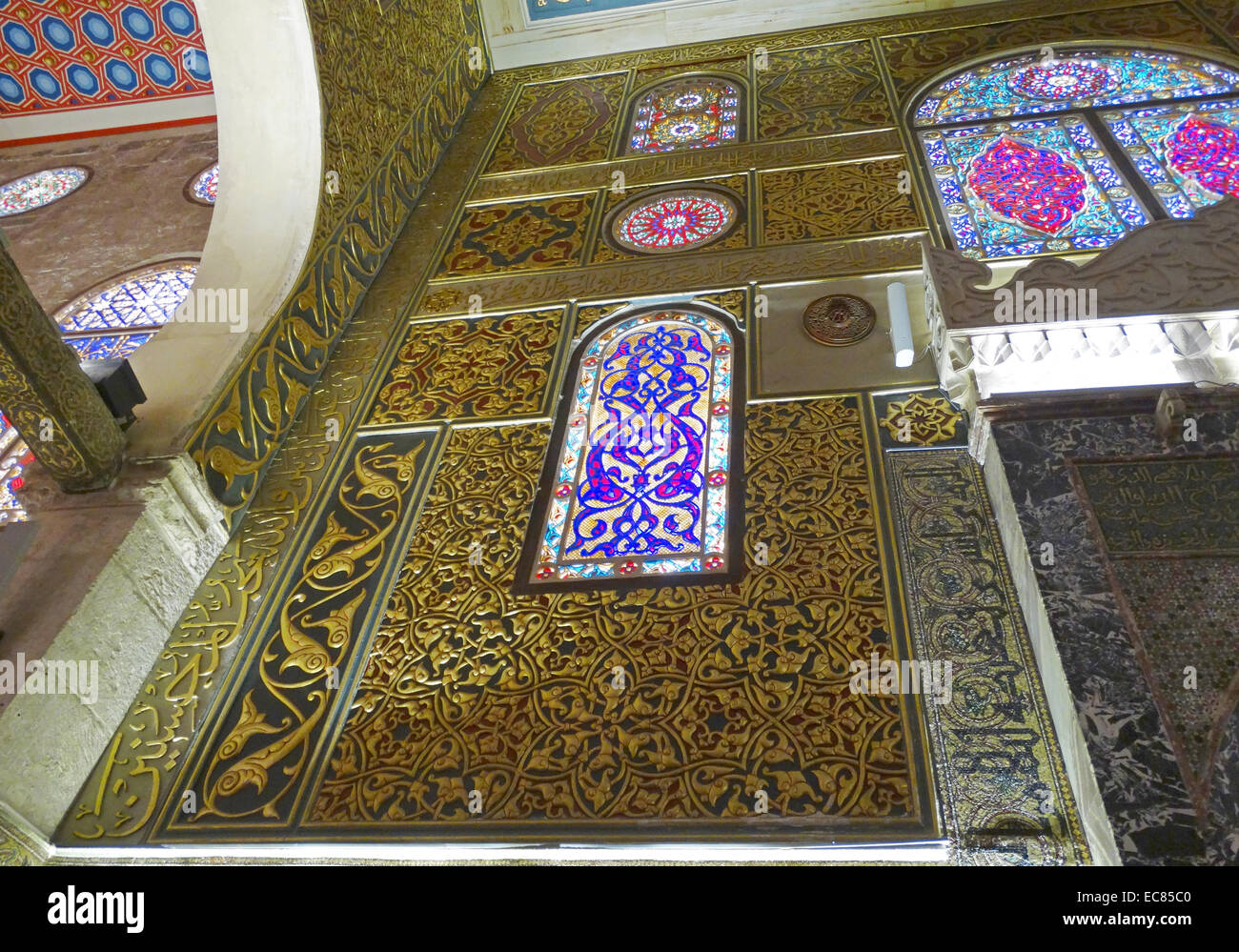 Decorated panels and stained glass in the Al-Aqsa Mosque. The third holiest site in Islam and is located in the Old City of Jerusalem. Stock Photo