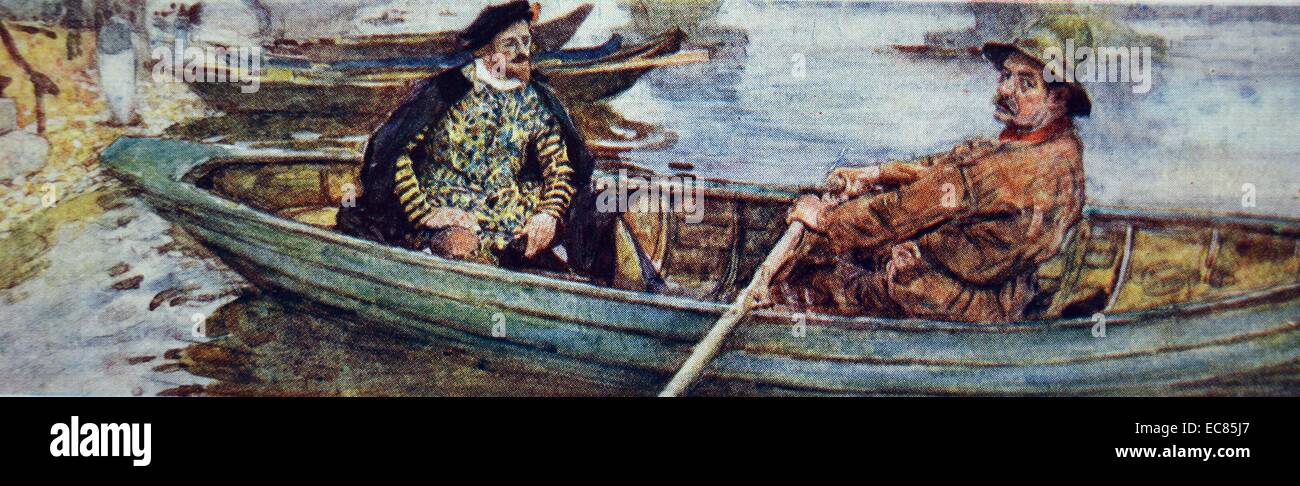 Painting of William Shakespeare (1564-1616) English poet, playwright and actor, with a waterman rowing down the Thames. Dated 16th century. Stock Photo