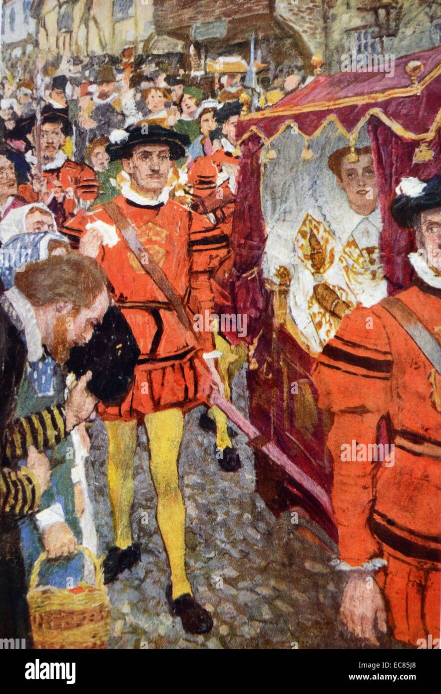 Painting of William Shakespeare (1564-1616) English poet, playwright and actor, bowing as Queen Elizabeth passes by. Dated 16th century. Stock Photo