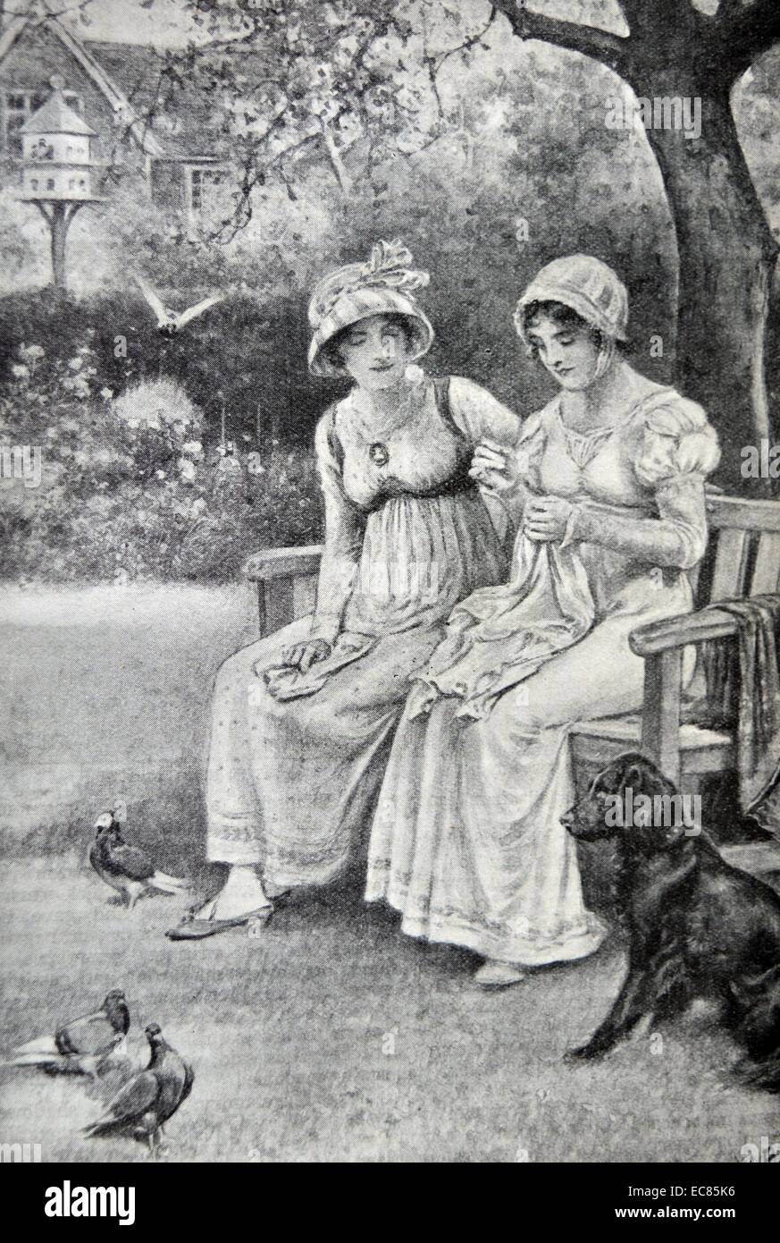 Engraving of Jane Austen and her sister Cassandra doing needlework in the rectory garden. Dated 1810 Stock Photo