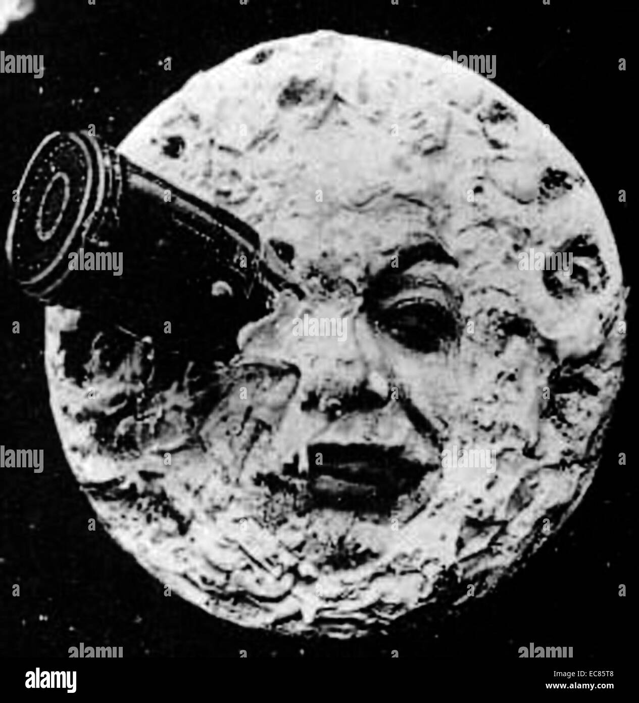 The Man in the Moon is struck by a spacecraft in the 1902 fantasy film Le  Voyage dans la Lune. This frame from the film is an example of a  conventionalized image, image size:1265x1390