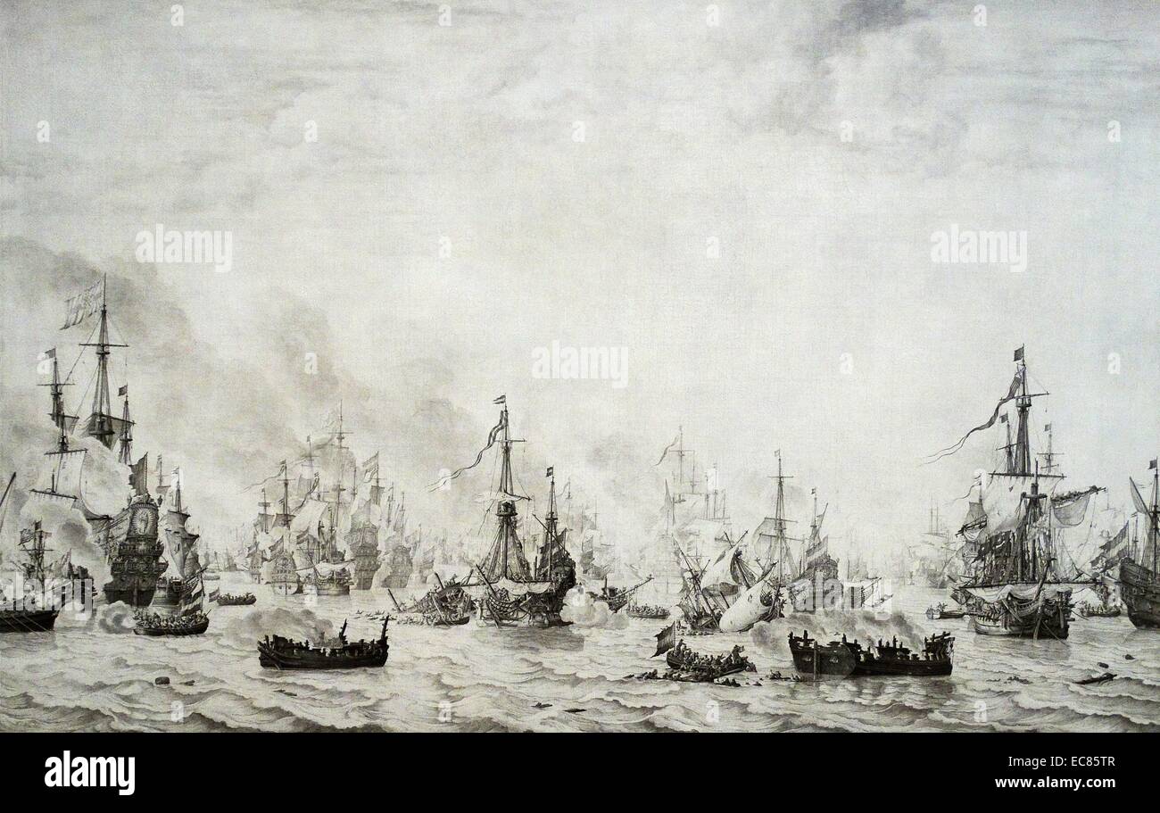 Painting of the Battle of the Downs. Painted by Willem van de Velde I (1611-1693). Dated 17th Century Stock Photo